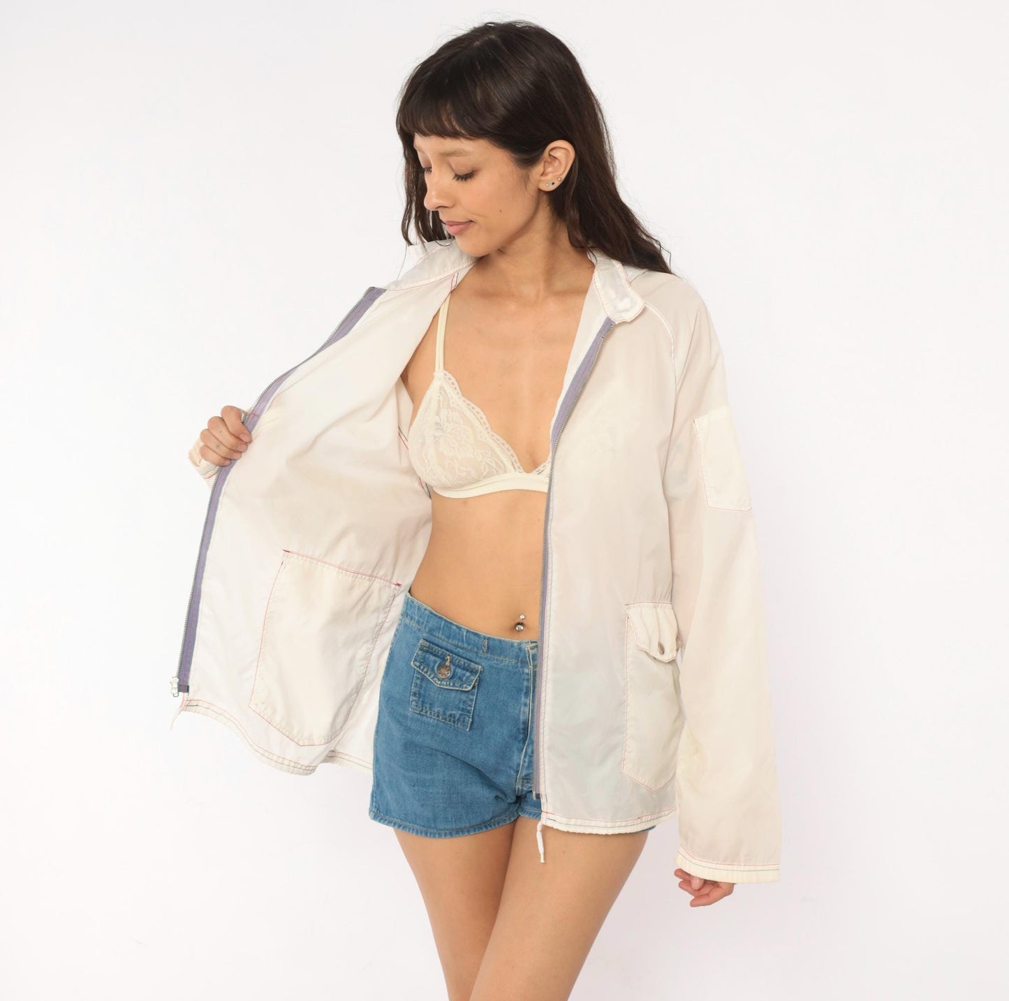 80s White Nylon Windbreaker Hooded Zip Jacket Colour Block Medium