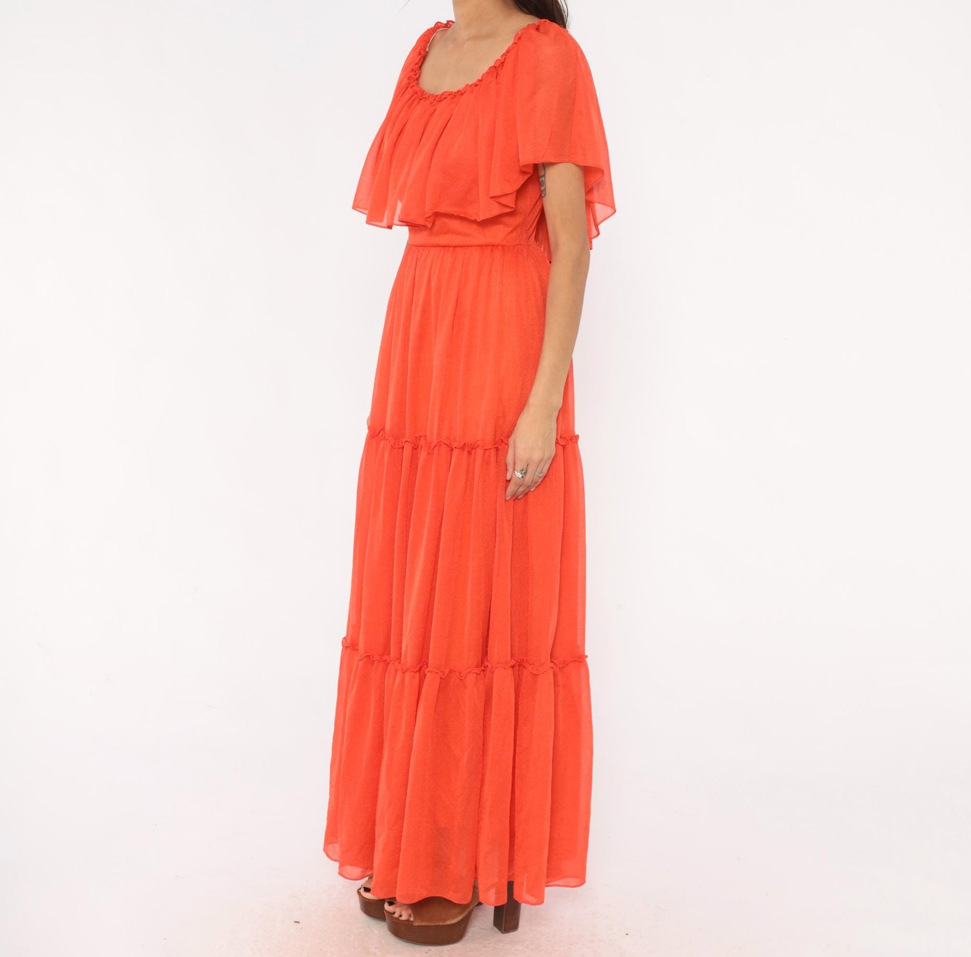 70s Coral Orange Maxi Dress Tiered Ruffle Cape Flutter Sleeve Small