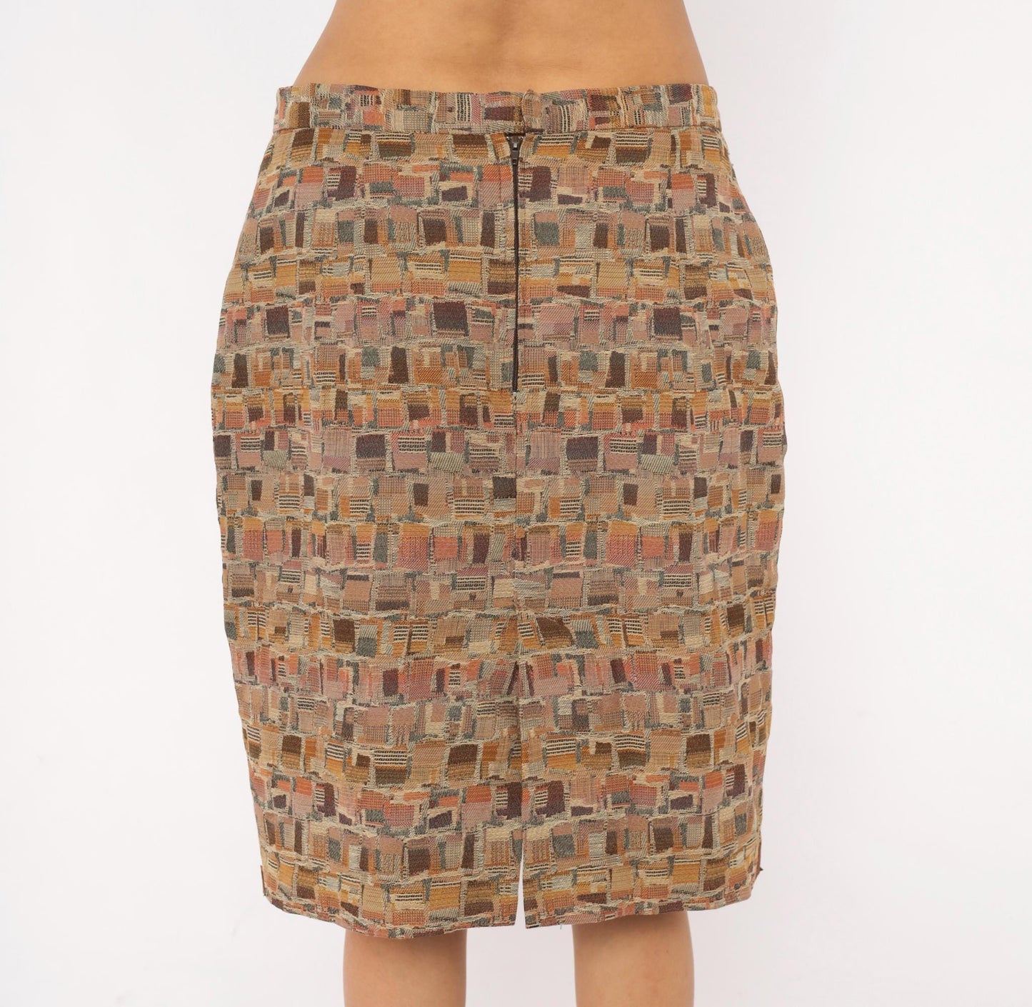 80s Geometric Patchwork Tapestry Pencil Skirt Tan Brown Rose Medium
