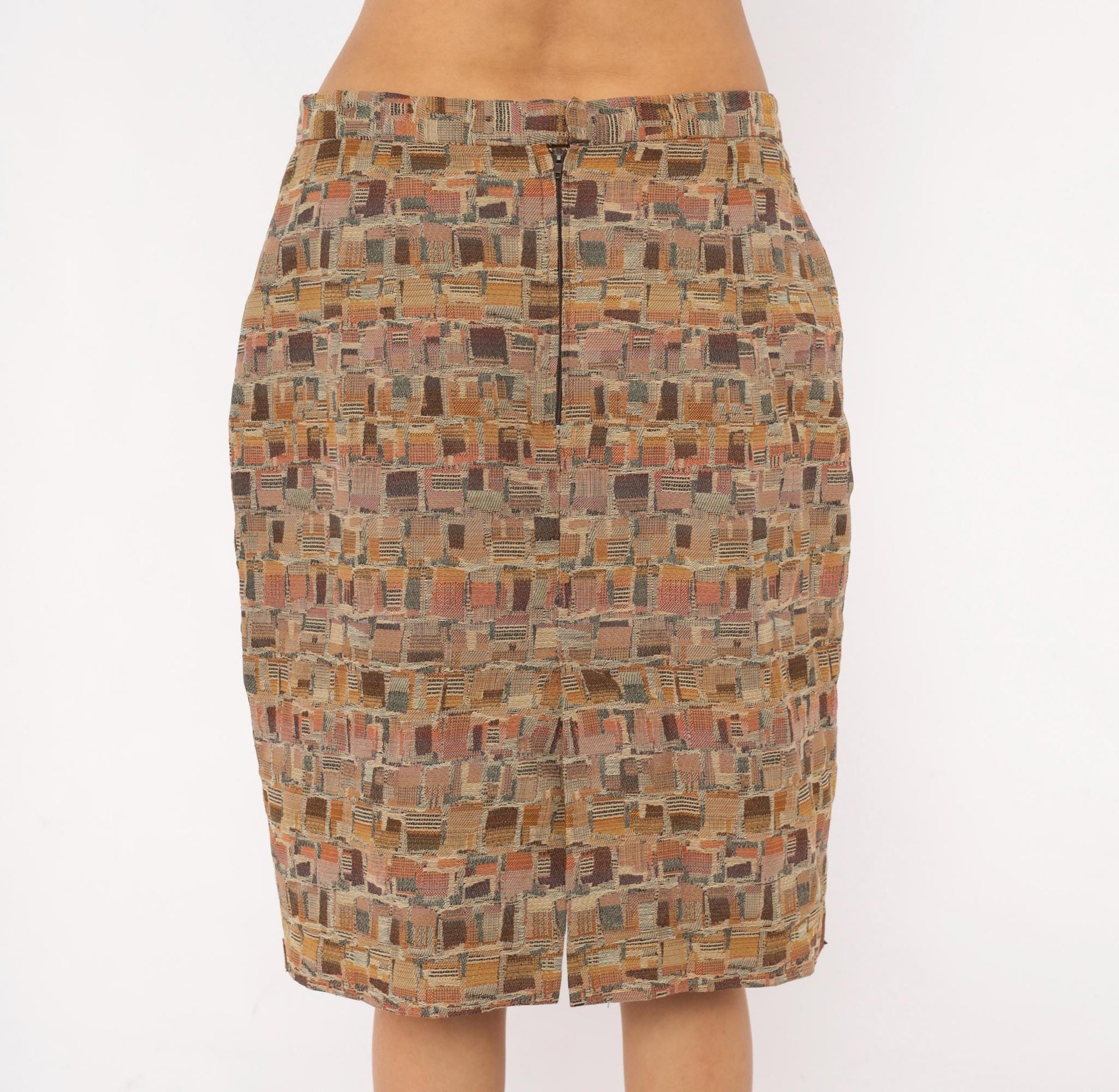 80s Geometric Patchwork Tapestry Pencil Skirt Tan Brown Rose Medium