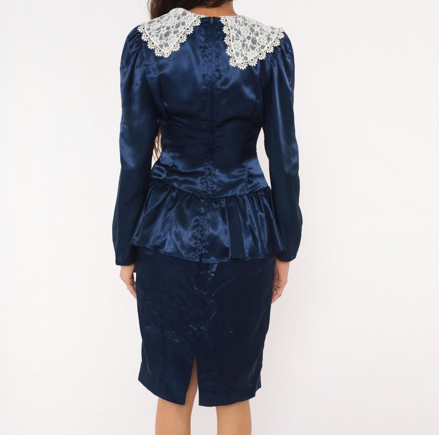 80s Navy Satin Peplum Dress Lace Collar Puff Shoulder Knee Length Small