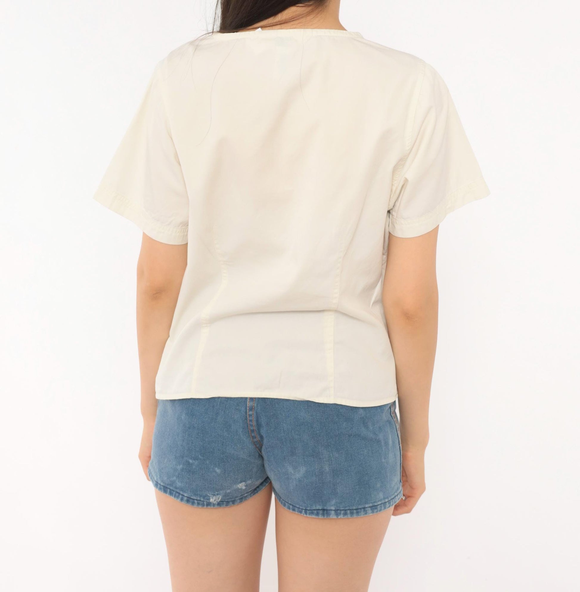 Y2K REI Cream Cotton Button-Front Blouse Short Sleeve Small