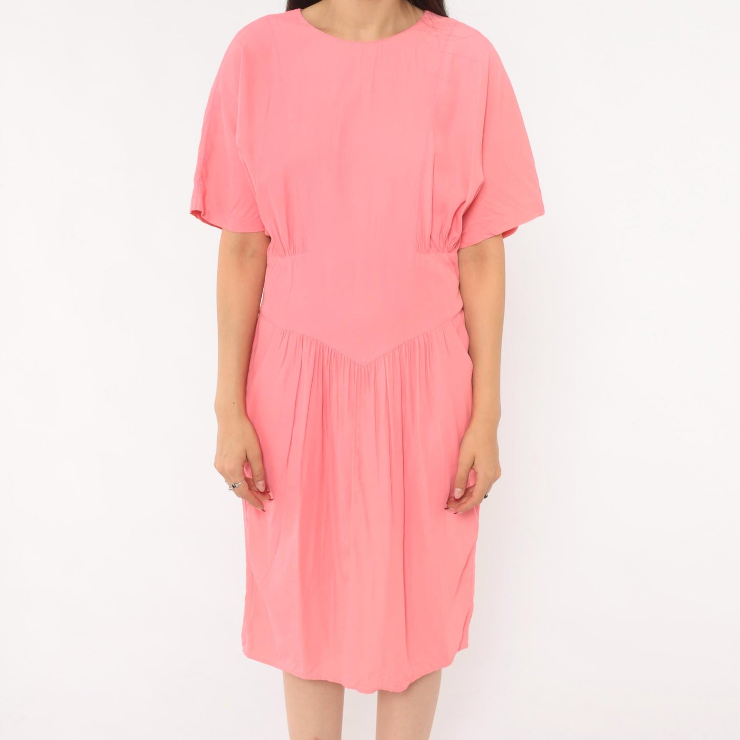90s Carol Anderson Coral Pink Blouson Dress Smocked Waist Knee Length Large L