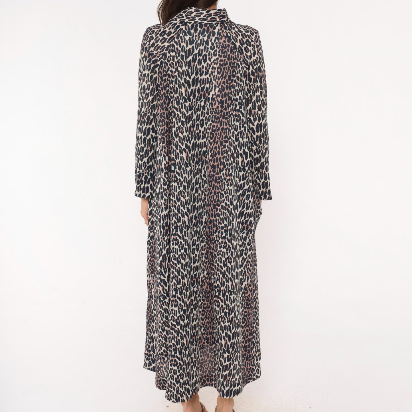 70s Leopard Print Maxi Dress Zip Front Collared A-Line Cream Brown Medium Large