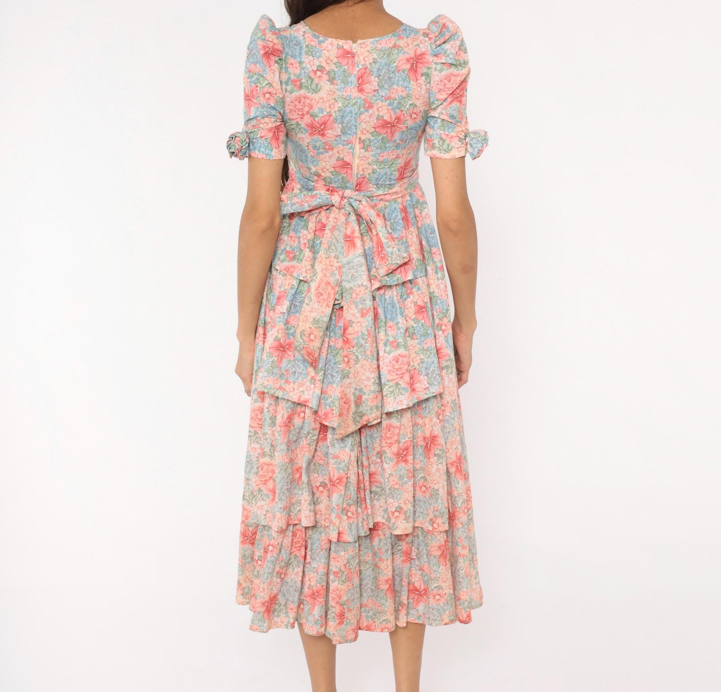 80s Floral Midi Dress Pink Blue Puff Sleeve Sweetheart Cotton XXS