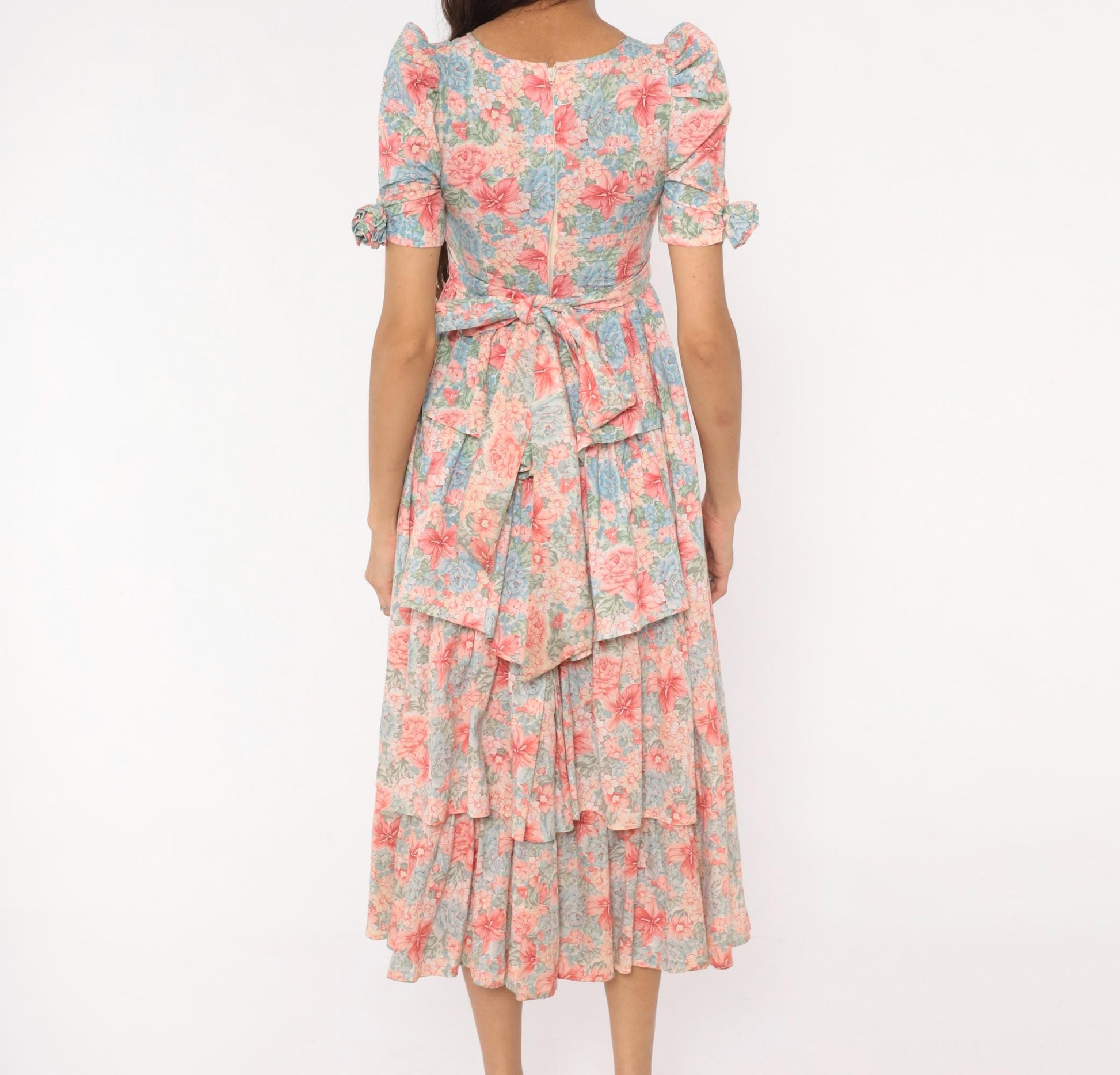 80s Floral Midi Dress Pink Blue Puff Sleeve Sweetheart Cotton XXS