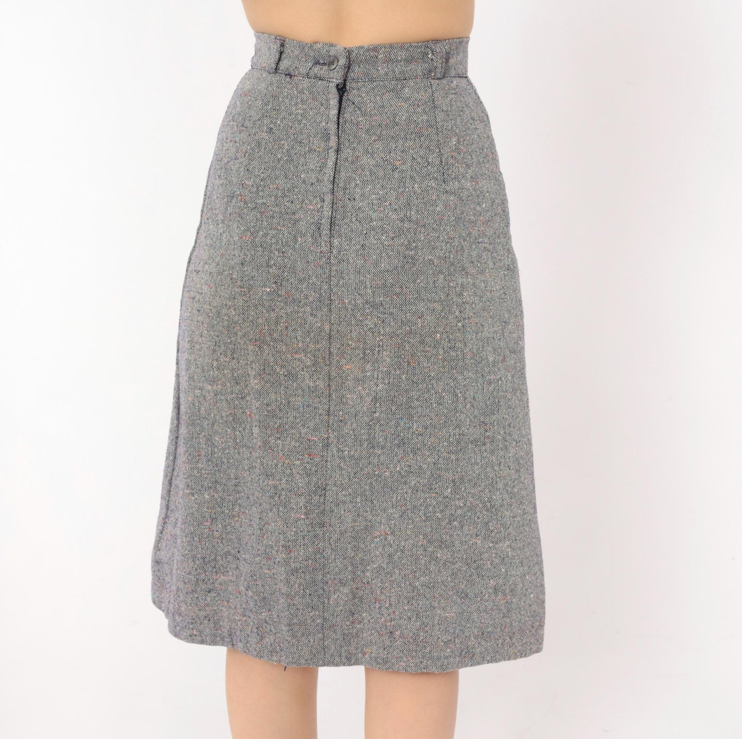70s Navy Grey Tweed A-Line Skirt High Waist Welt Pocket Wool Blend Extra Small XS