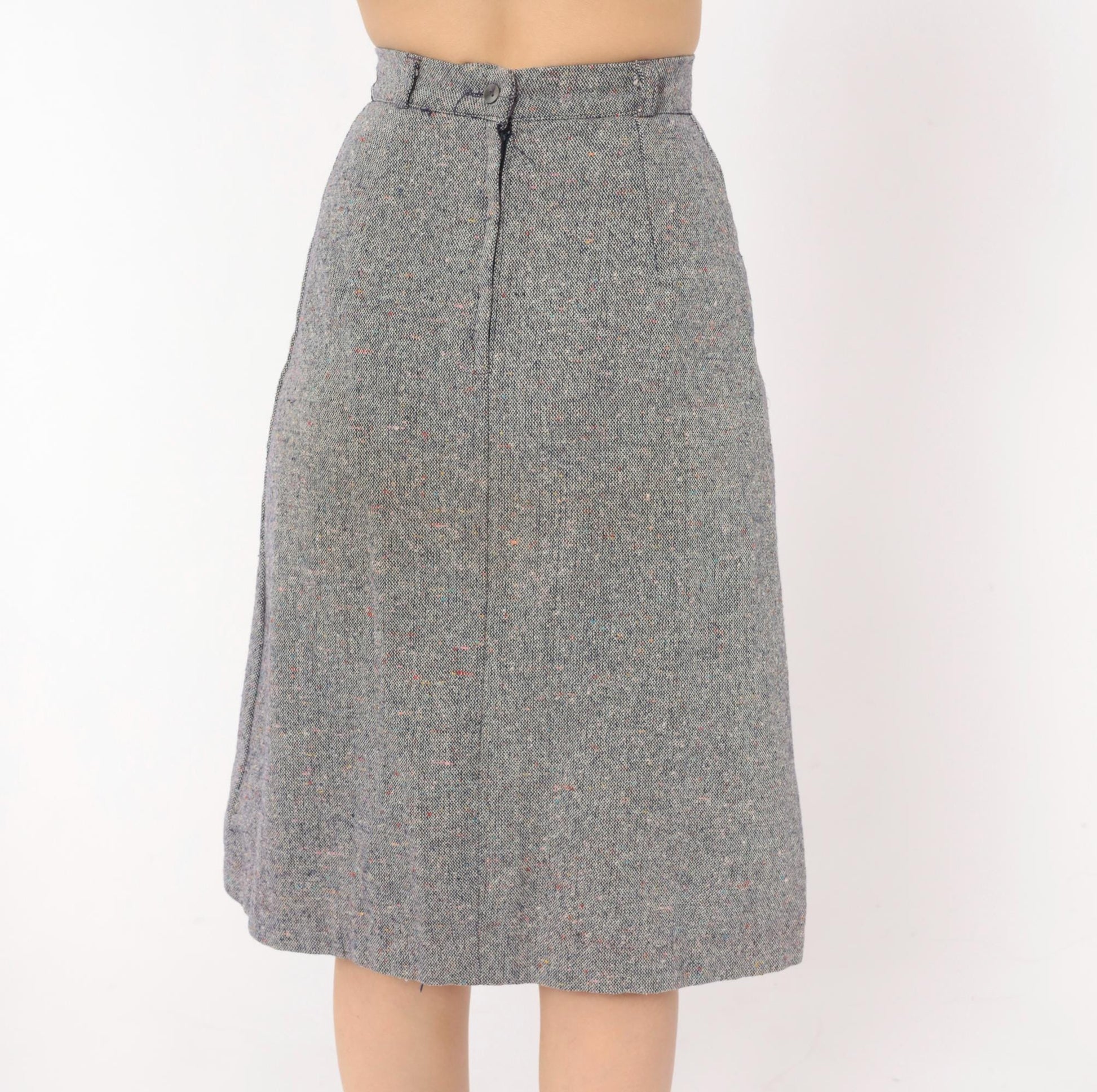 70s Navy Grey Tweed A-Line Skirt High Waist Welt Pocket Wool Blend Extra Small XS