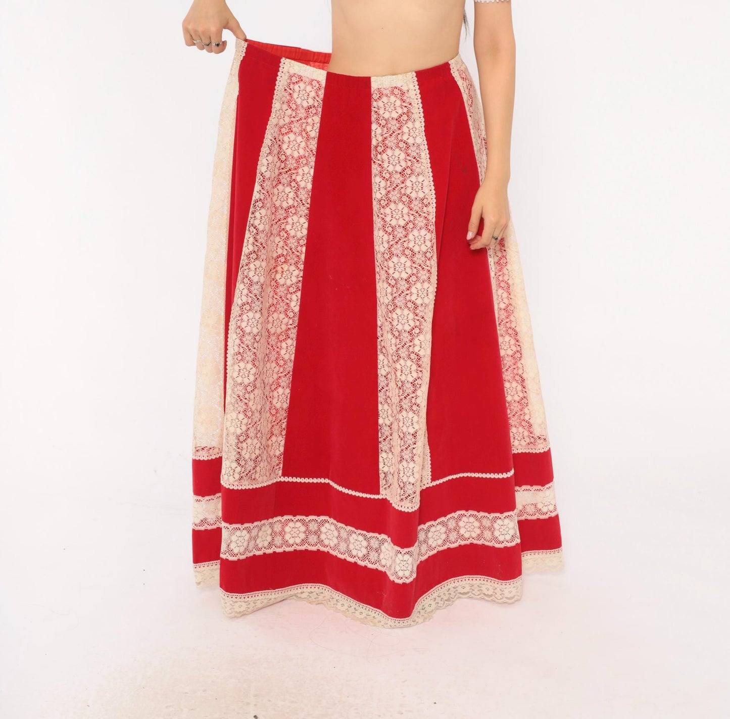 70s Red Velvet Maxi Skirt Cream Lace Panel A-Line Large L