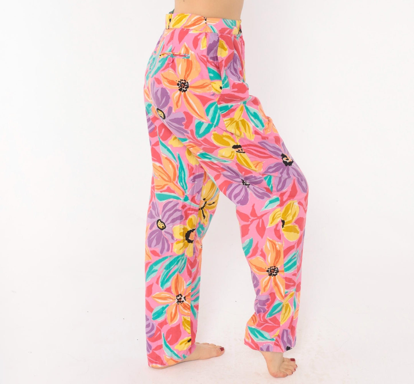 90s Charles Glueck Tropical Floral Tapered Pants Pink Purple High Waist Small
