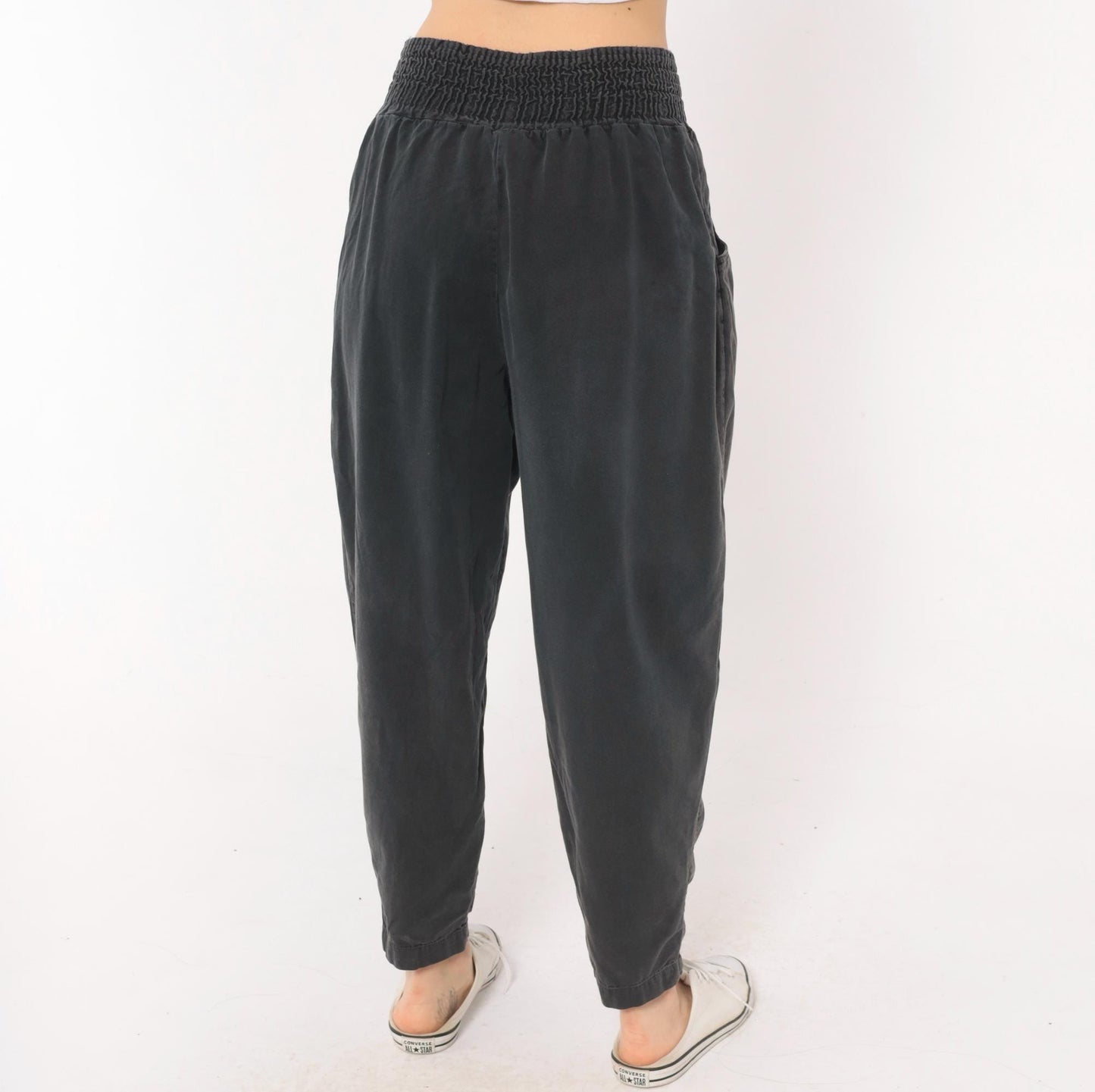 90s Smocked Waist Tapered Trouser Grey Cotton High Rise Button Fly Medium M