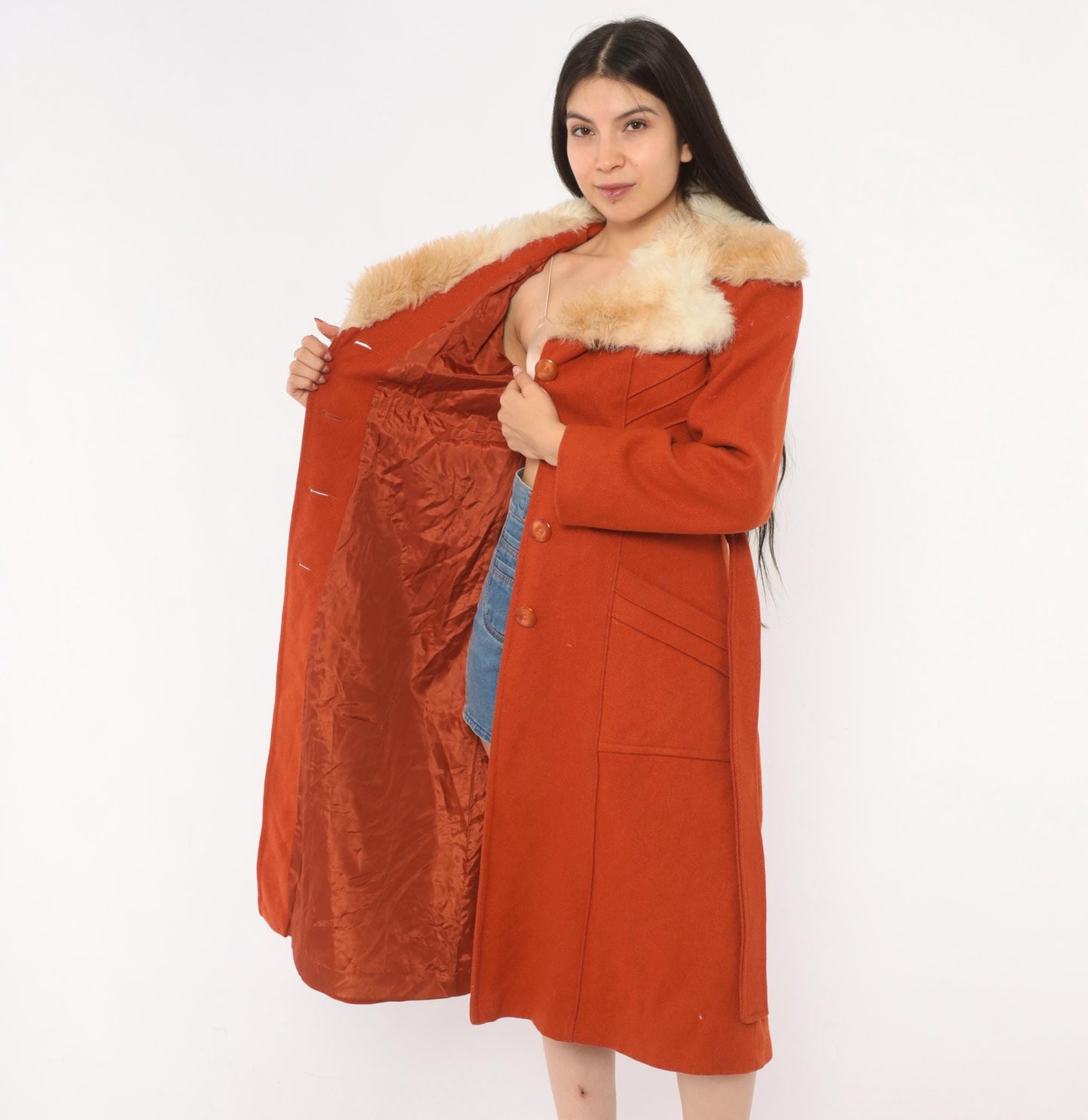 70s Burnt Orange Wool Coat Faux Fur Collar Belted Knee-Length Small