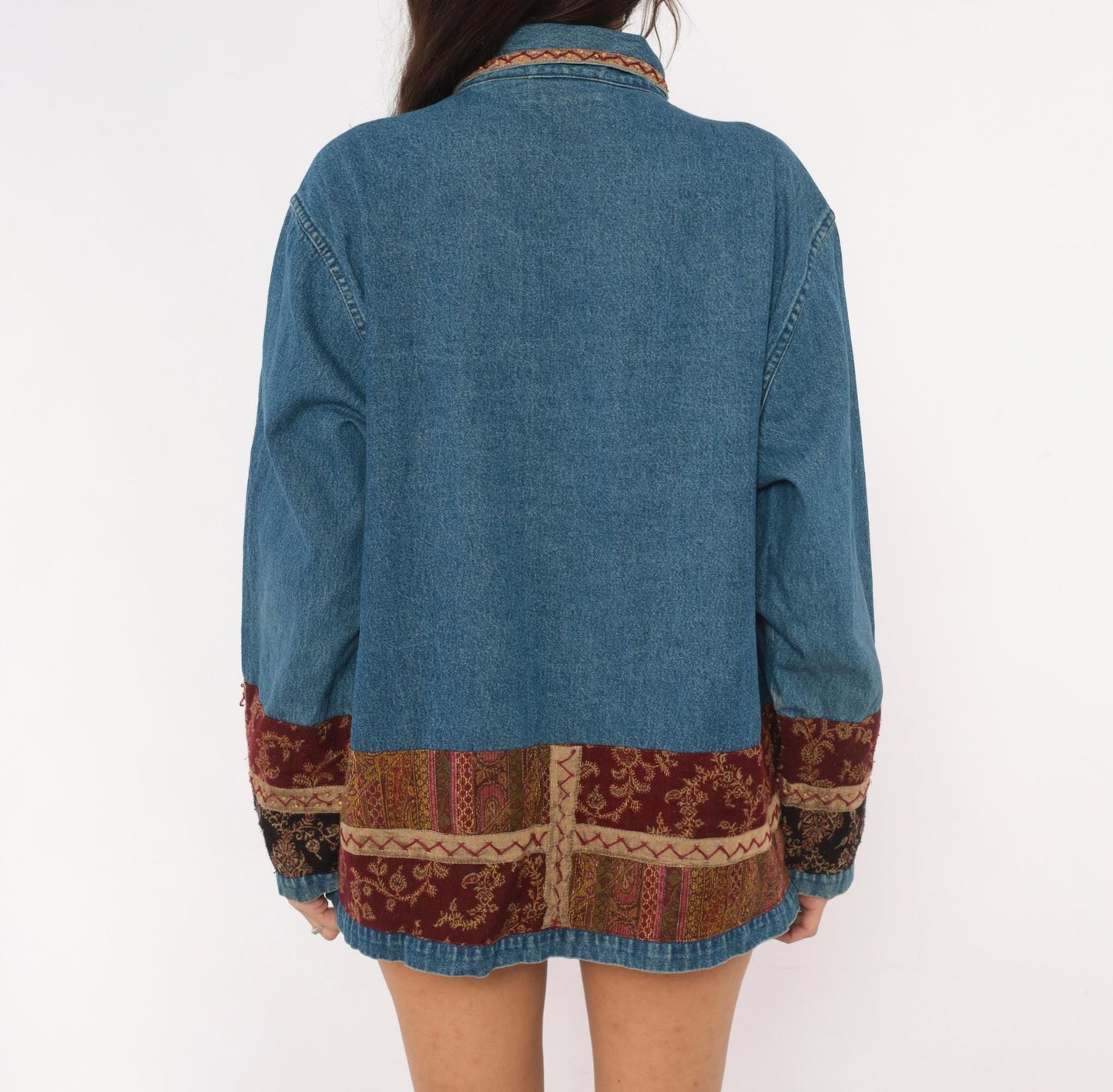 Y2K Units Woman Patchwork Denim Jacket Floral Tapestry Burgundy Extra Large XL