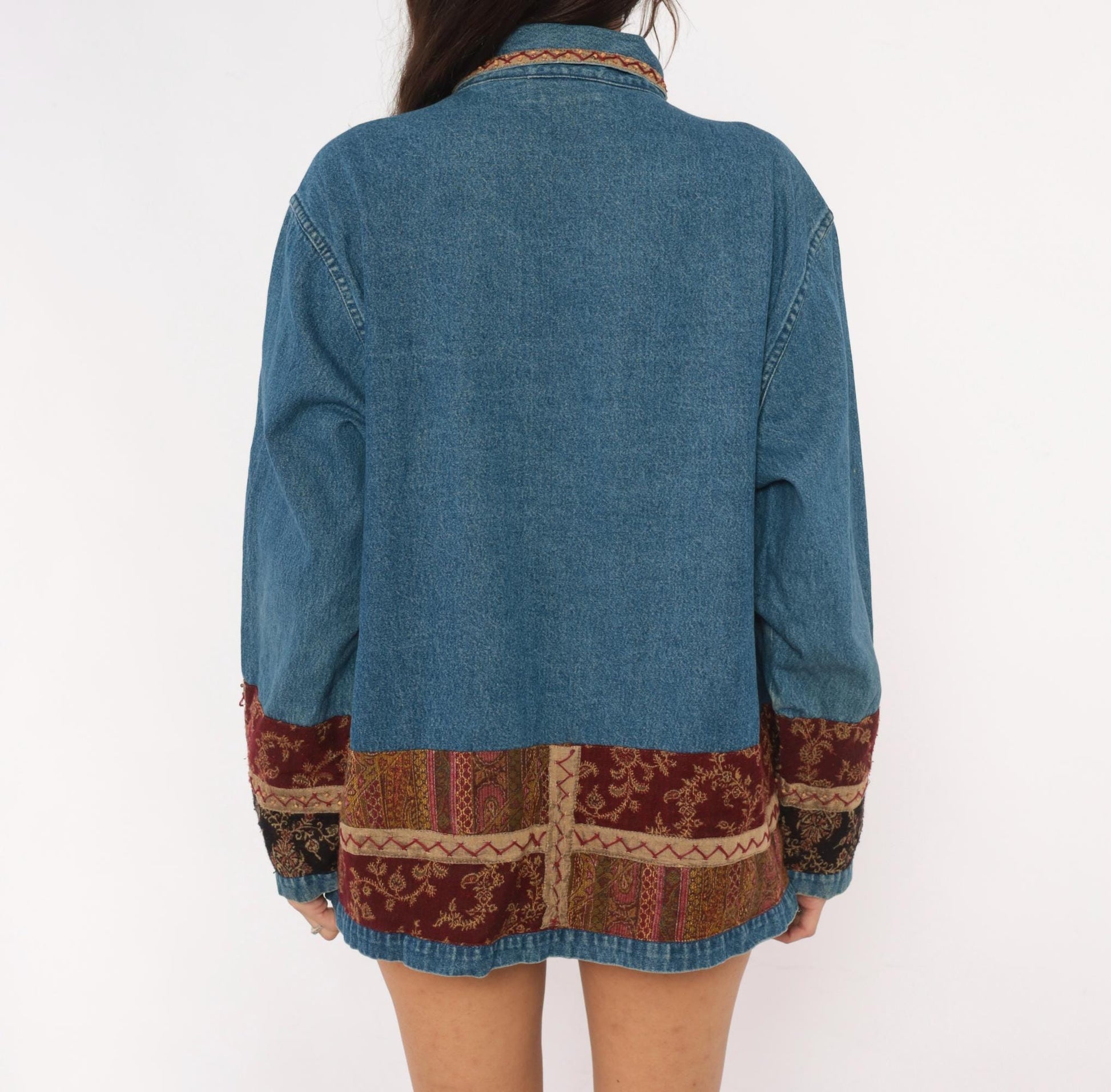 Y2K Units Woman Patchwork Denim Jacket Floral Tapestry Burgundy Extra Large XL