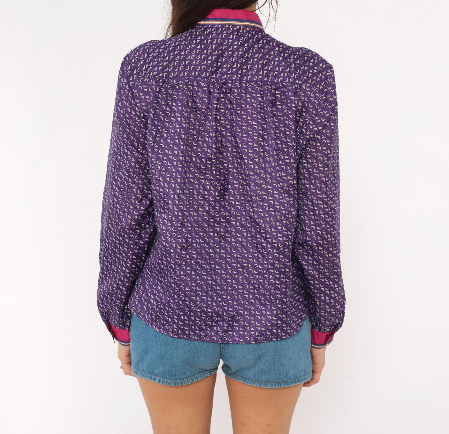 80s Lady Arrow Purple Paisley Button Blouse Pink Contrast Cuffs Medium