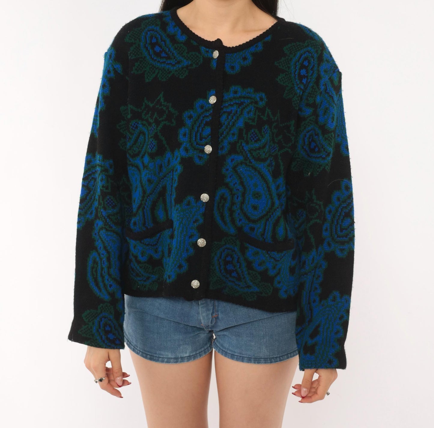 70s Tally-Ho Paisley Jacquard Cardigan Blue Green Black Button Front Large