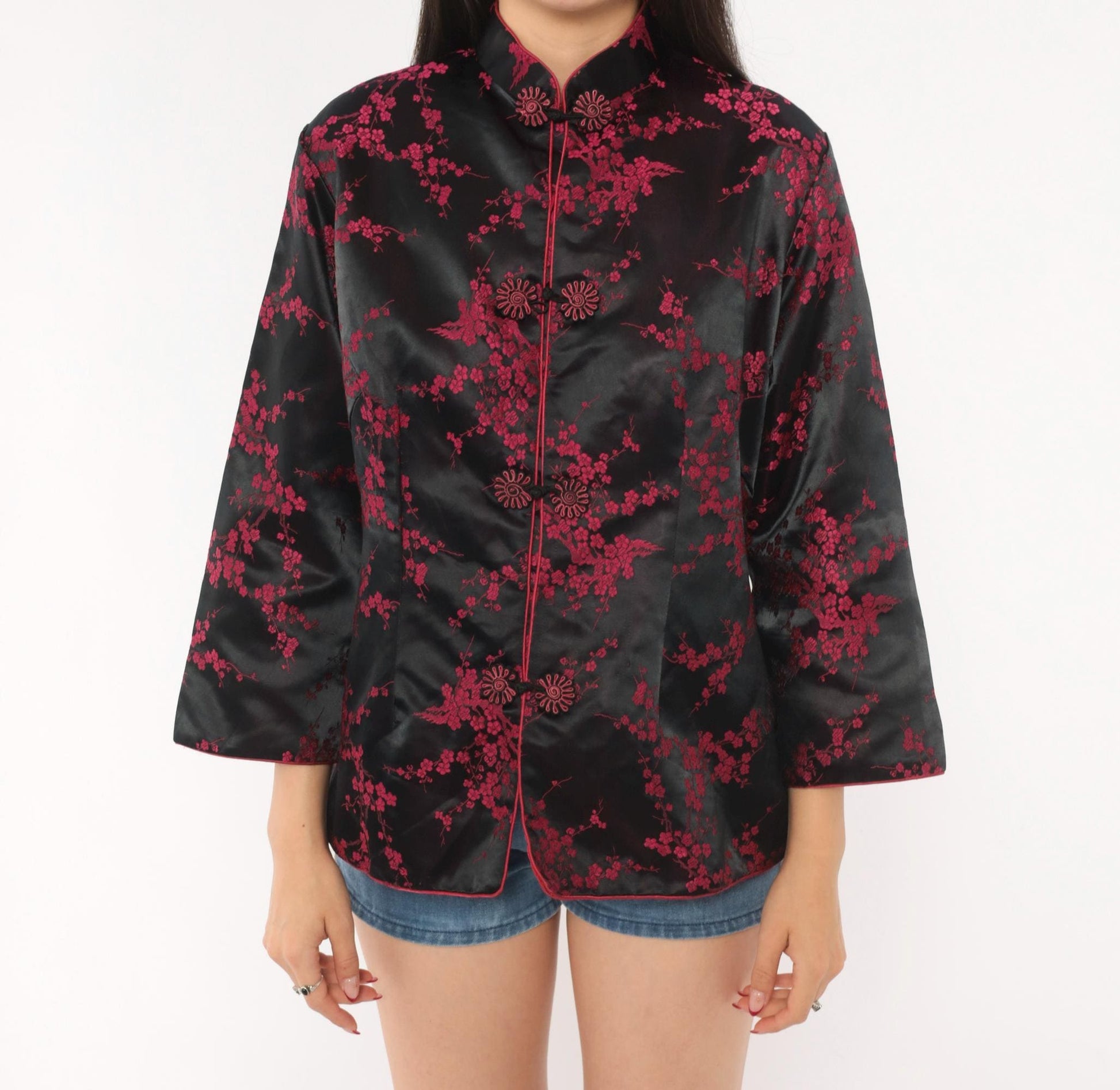 90s King Hu Black Brocade Jacket Cherry Blossom Mandarin Collar Large L