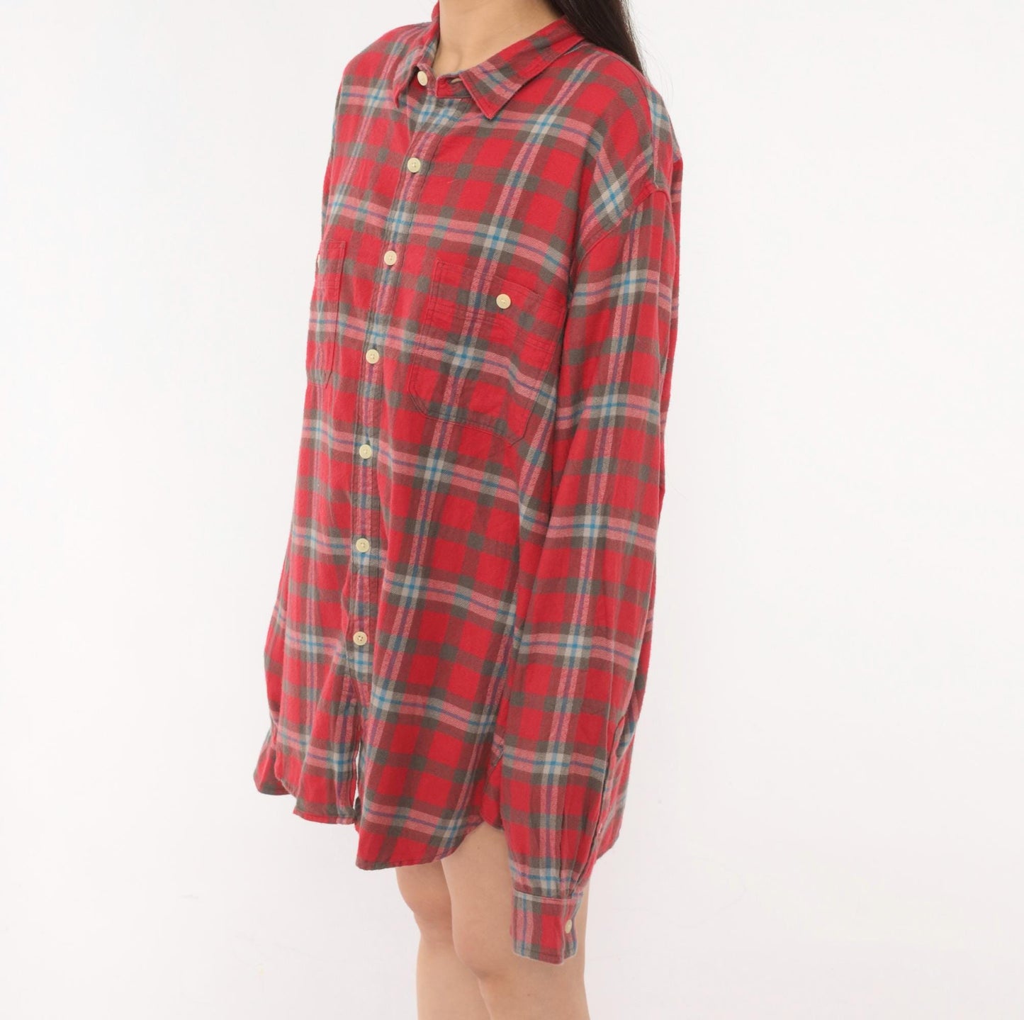 2000s J.Crew Red Plaid Flannel Button-Up Shirt Cotton Grey Blue Check Extra Large XL
