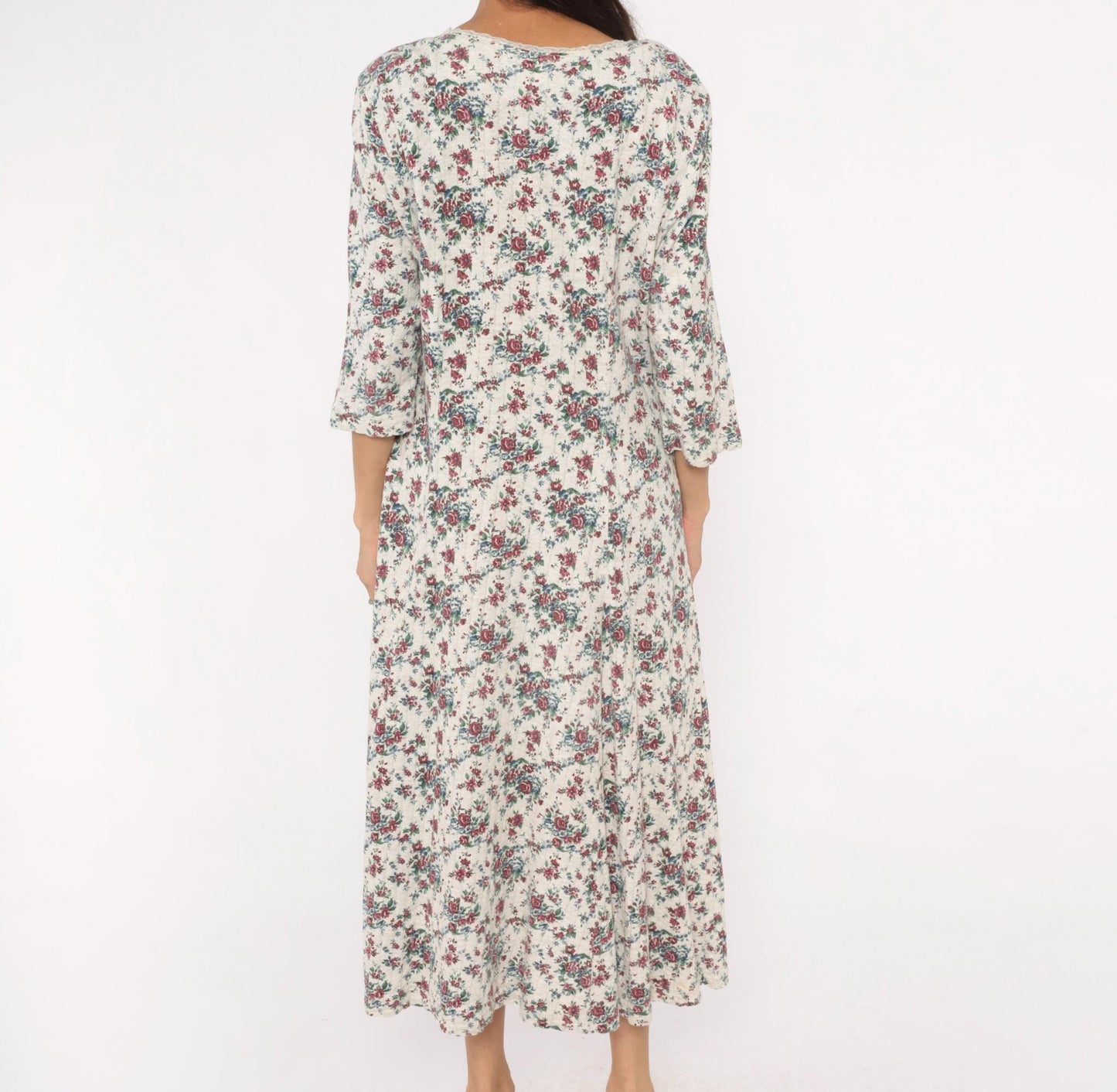 90s More En Focus Floral Midi Dress Bell Sleeve White Burgundy Large L