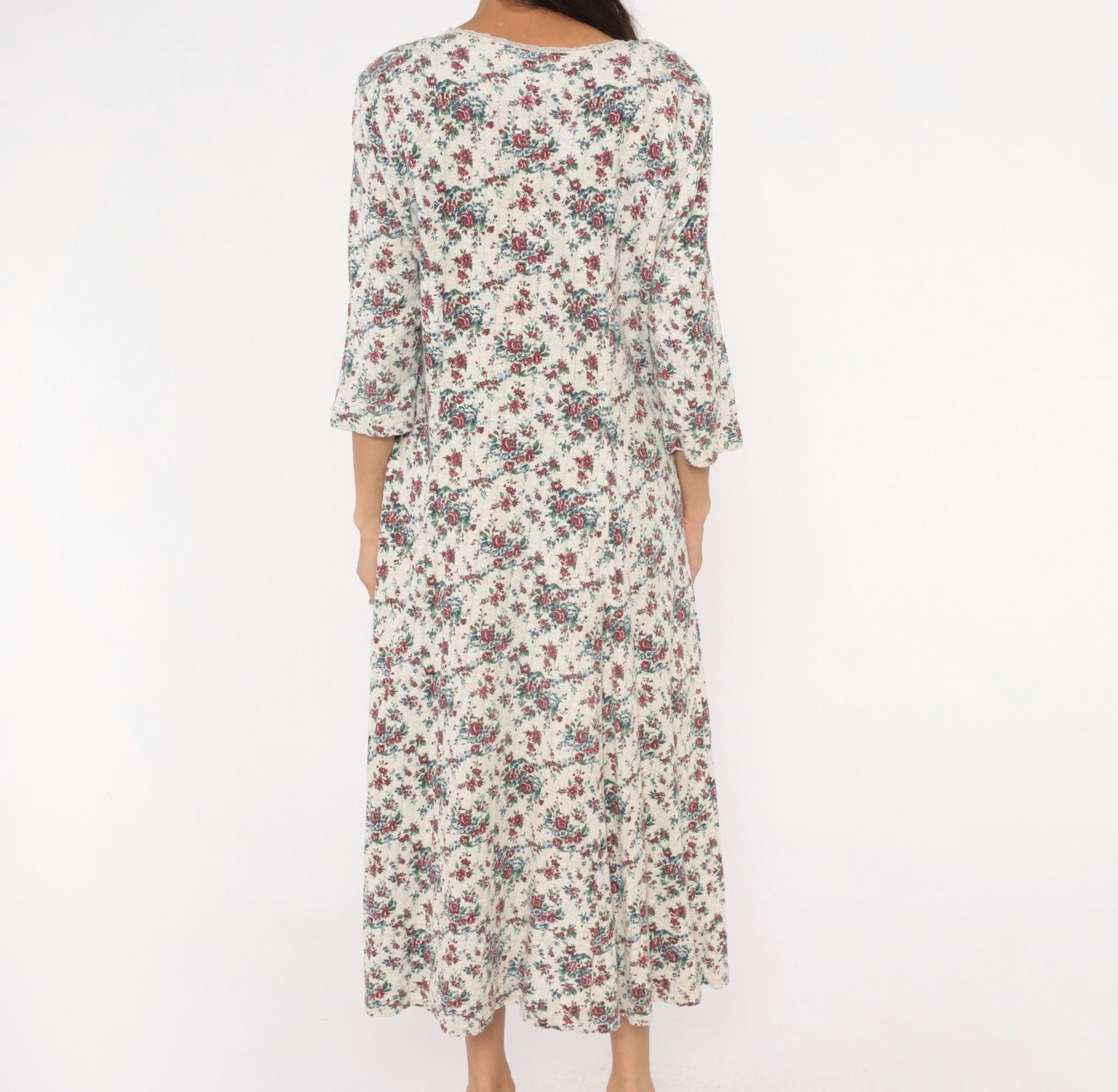 90s More En Focus Floral Midi Dress Bell Sleeve White Burgundy Large L