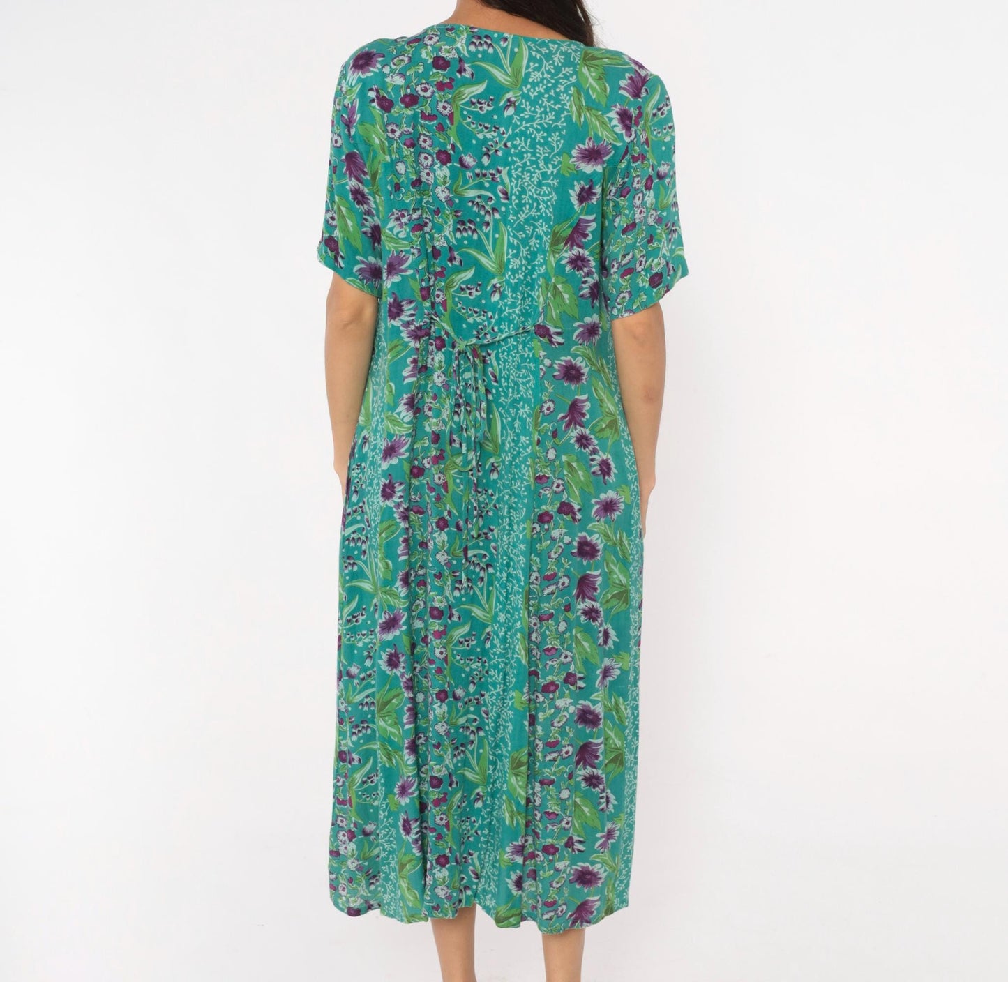 90s La Cera Floral Button Front Midi Dress Teal Purple Pockets Medium M
