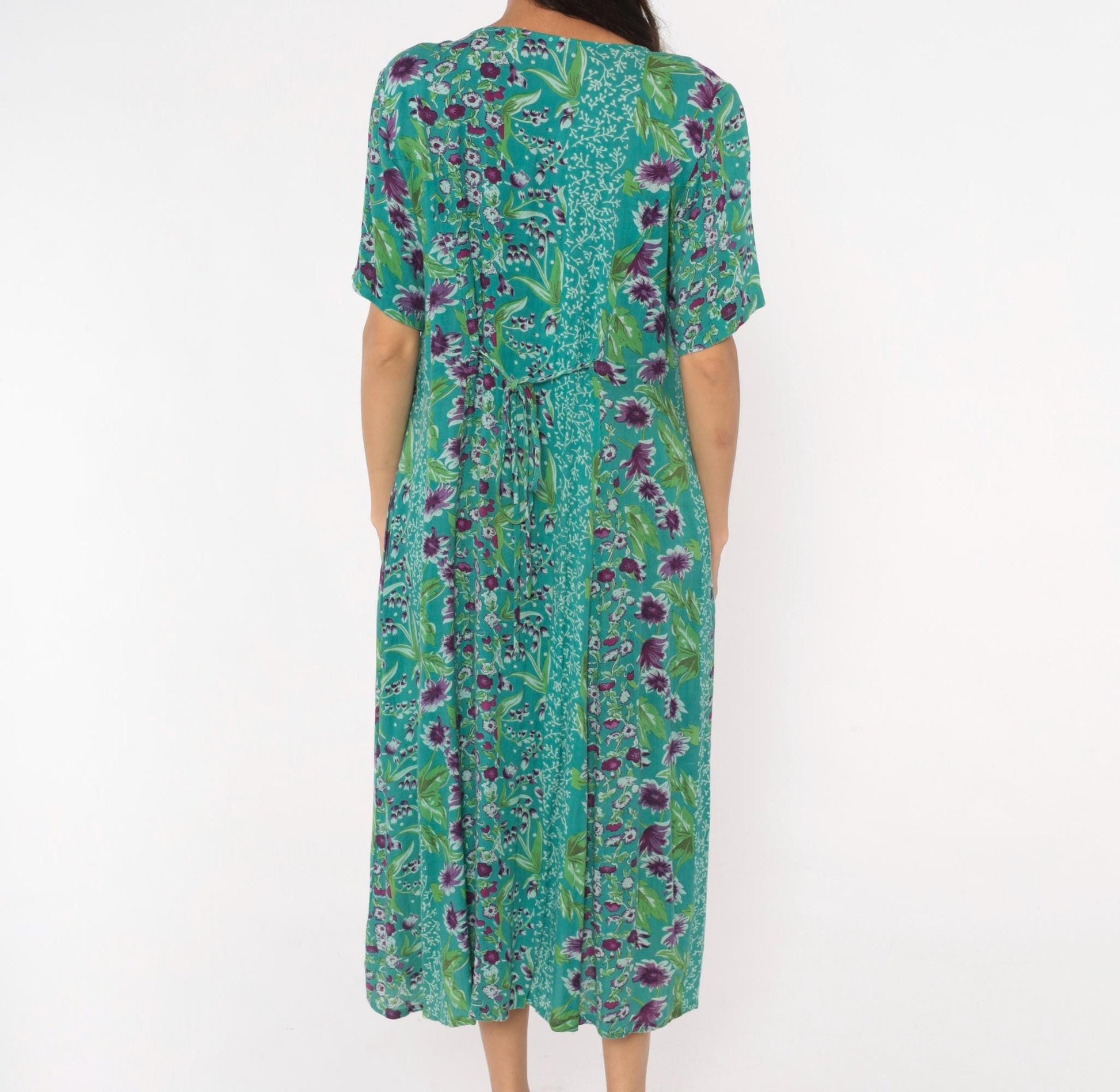90s La Cera Floral Button Front Midi Dress Teal Purple Pockets Medium M