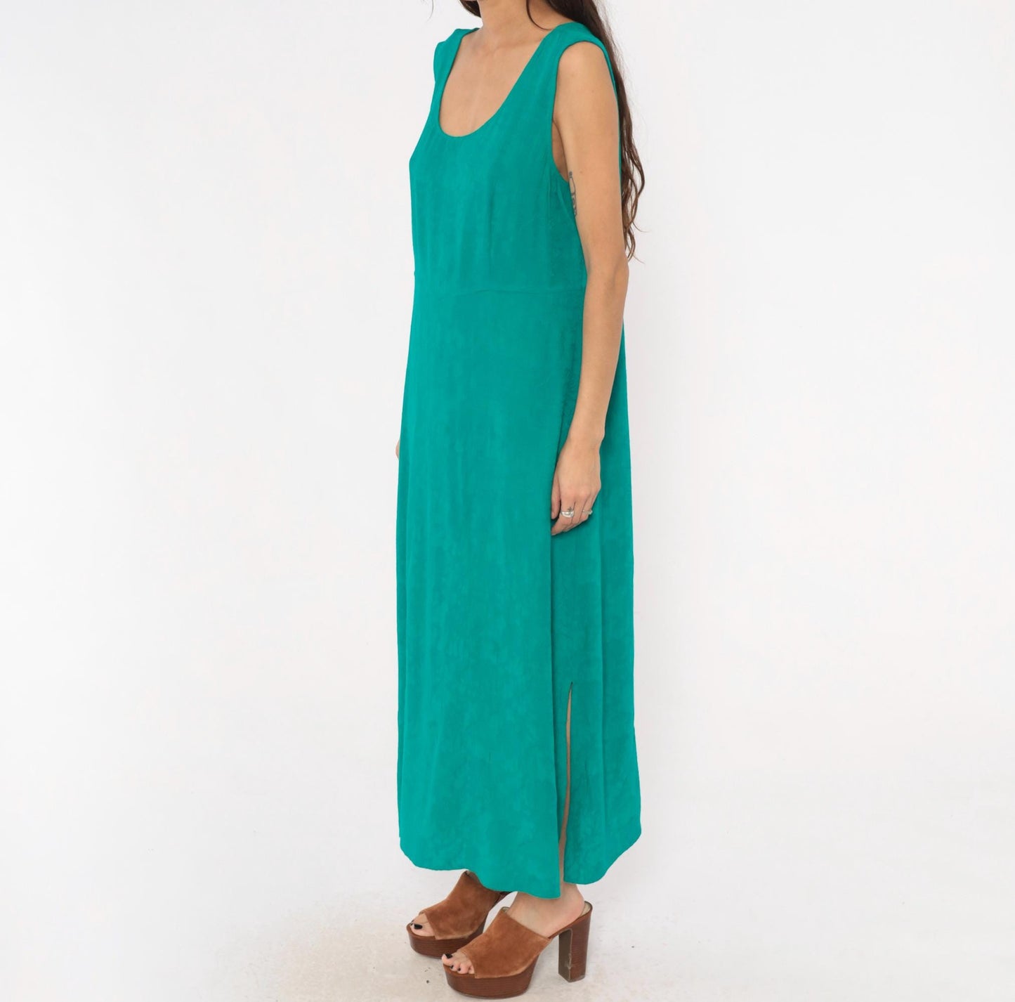 90s Karin Stevens Teal Maxi Dress Sleeveless Empire Waist Ankle Length Large L