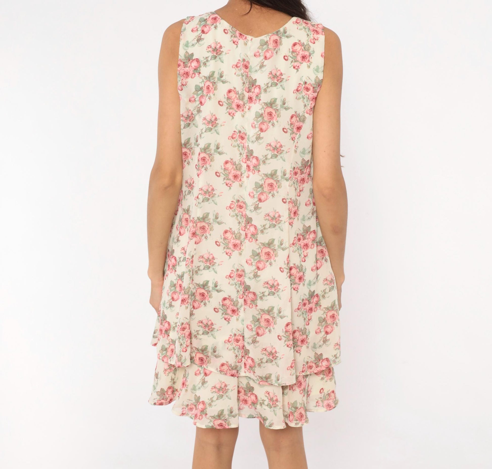 90s All That Jazz Rose Floral Sundress Cream Pink Scoop Neck Medium M