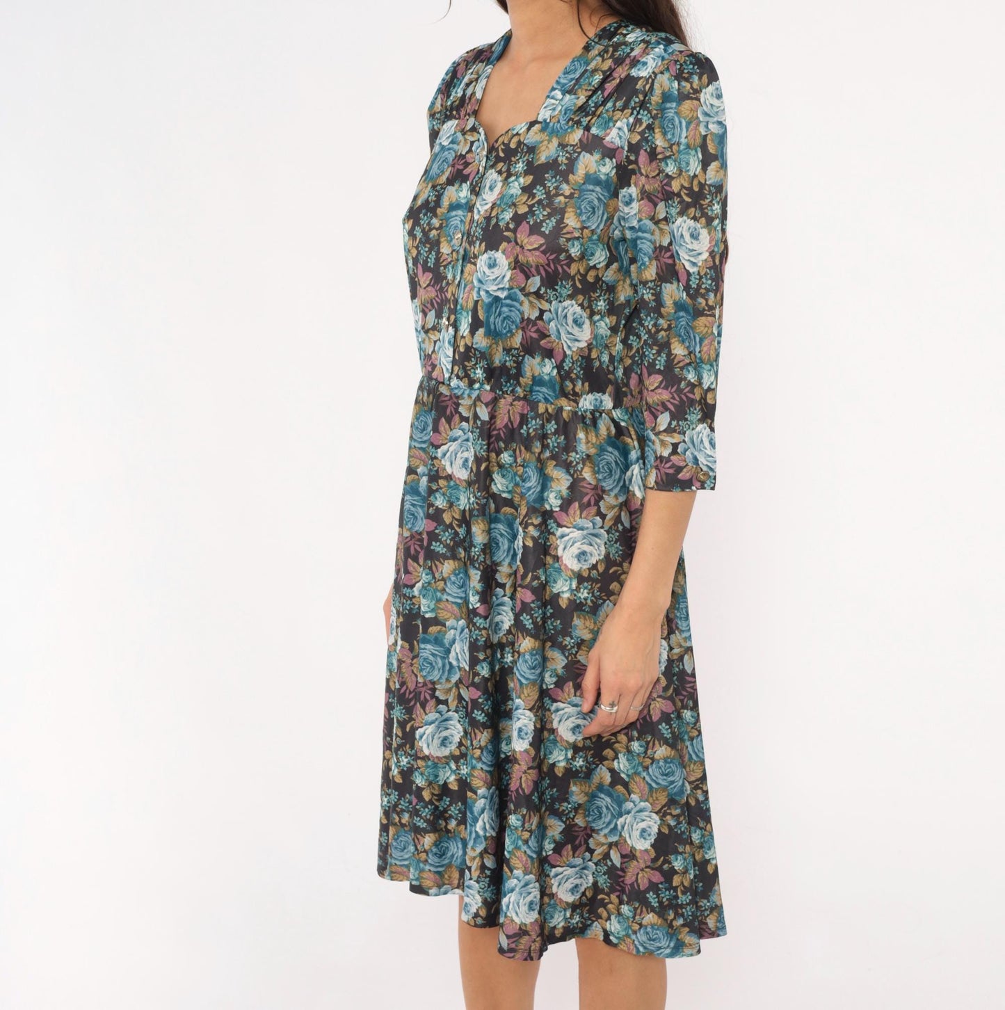 80s Rose Floral Button-Front Dress Blue Sweetheart Puff Sleeve Midi Large L