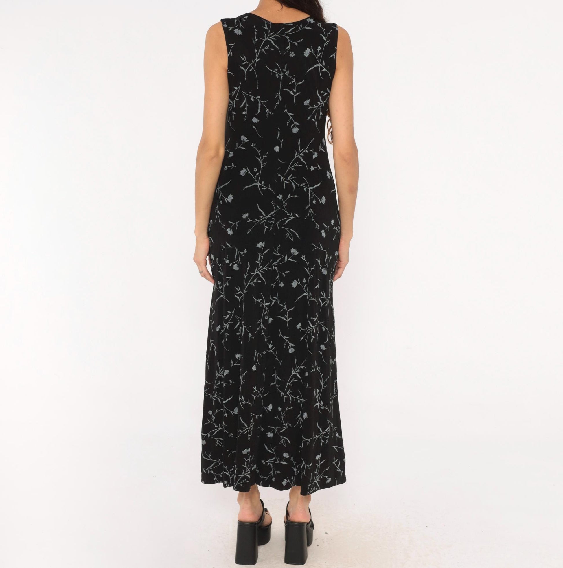 90s Ronni Nicole Black Floral Maxi Dress Grey Vine Print Sleeveless Large L