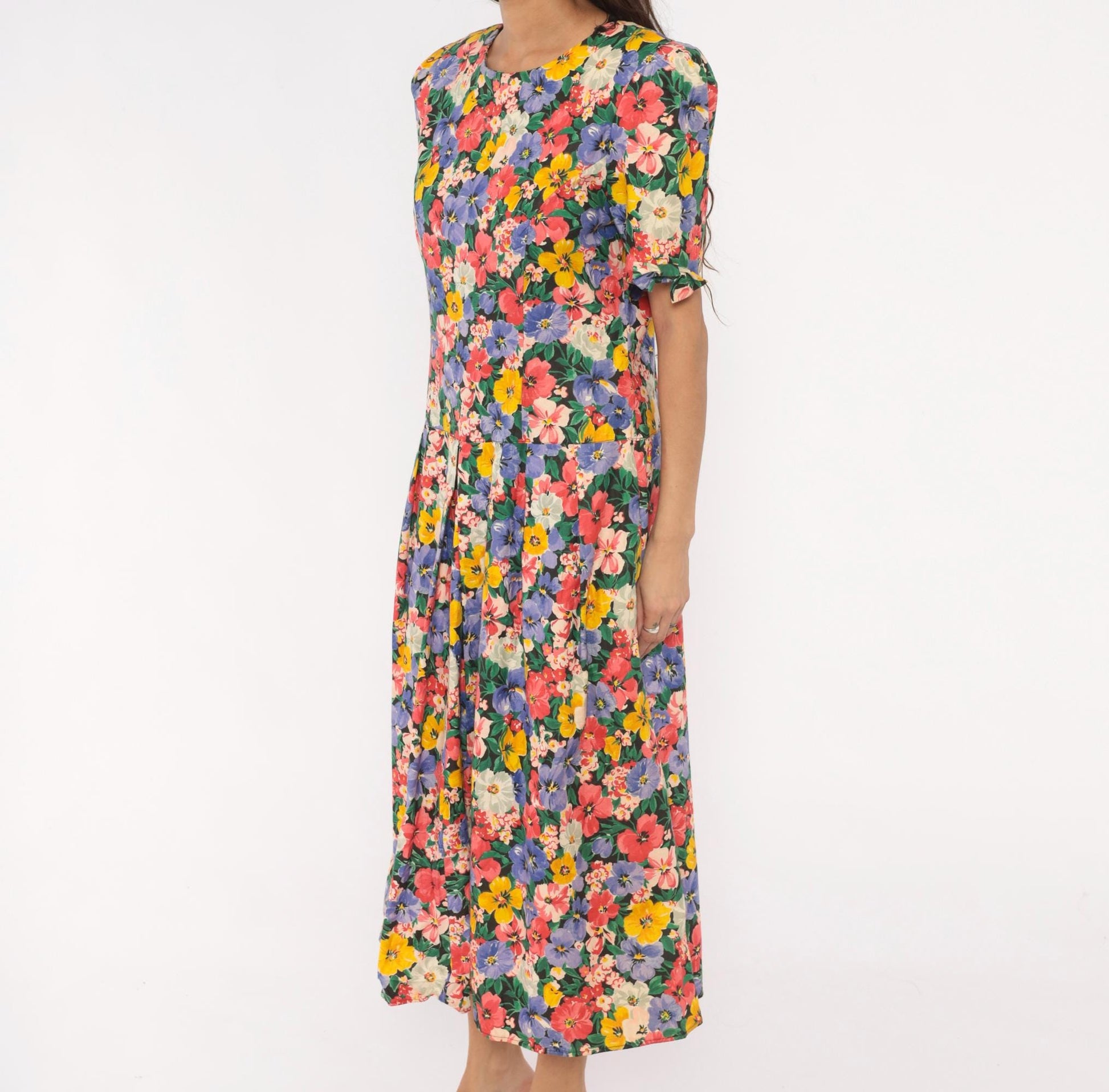 90s Kwai Floral Midi Dress Cutout Back Puff Sleeve Cotton Medium M