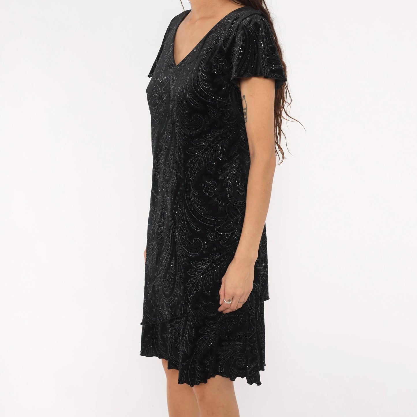 90s S.L. Fashions Black Velvet Paisley Glitter Dress Flutter Sleeve Medium Petite