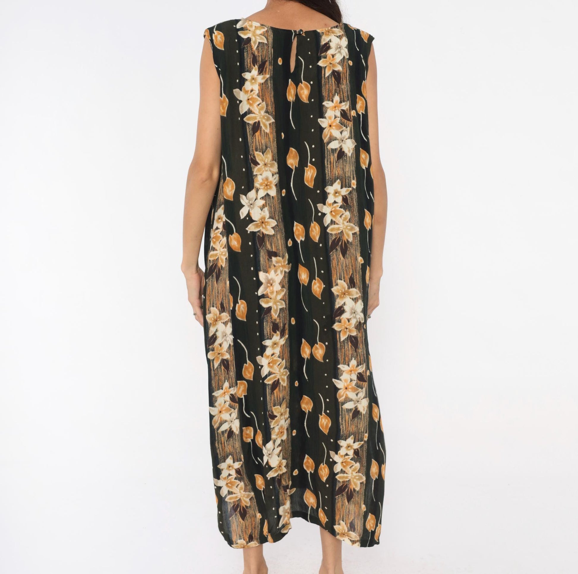 90s Sag Harbor Floral Maxi Dress Olive Green Cream Leaves Large L