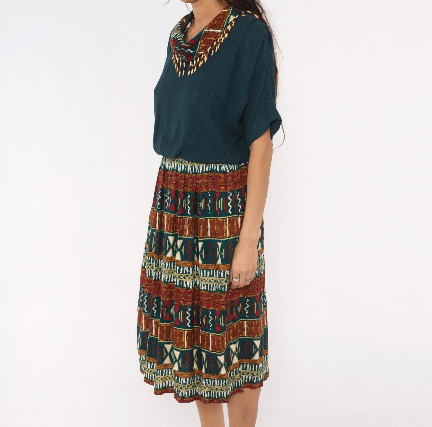 90s Stuart Alan Petites Tribal Print Dress Teal Burgundy Midi V Neck Medium