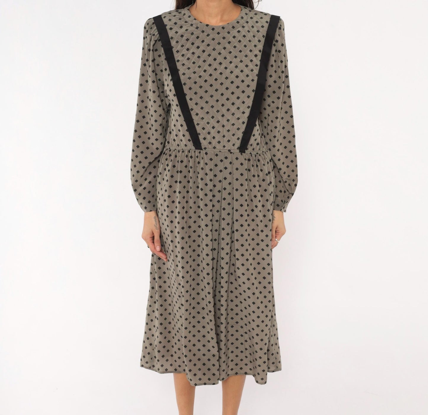 80s Donna Morgan Diamond Print Midi Dress Grey Balloon Sleeve Medium M