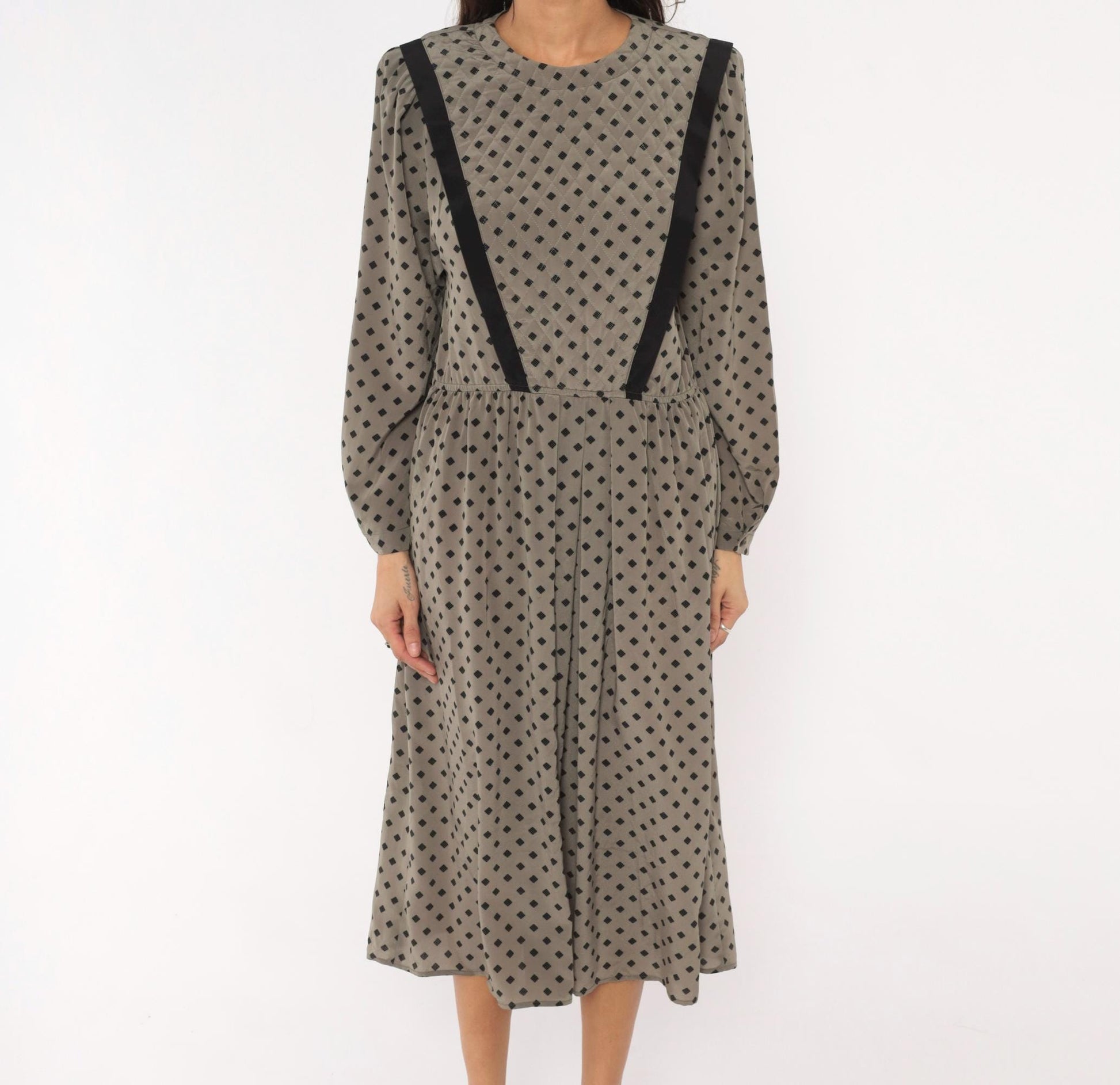 80s Donna Morgan Diamond Print Midi Dress Grey Balloon Sleeve Medium M