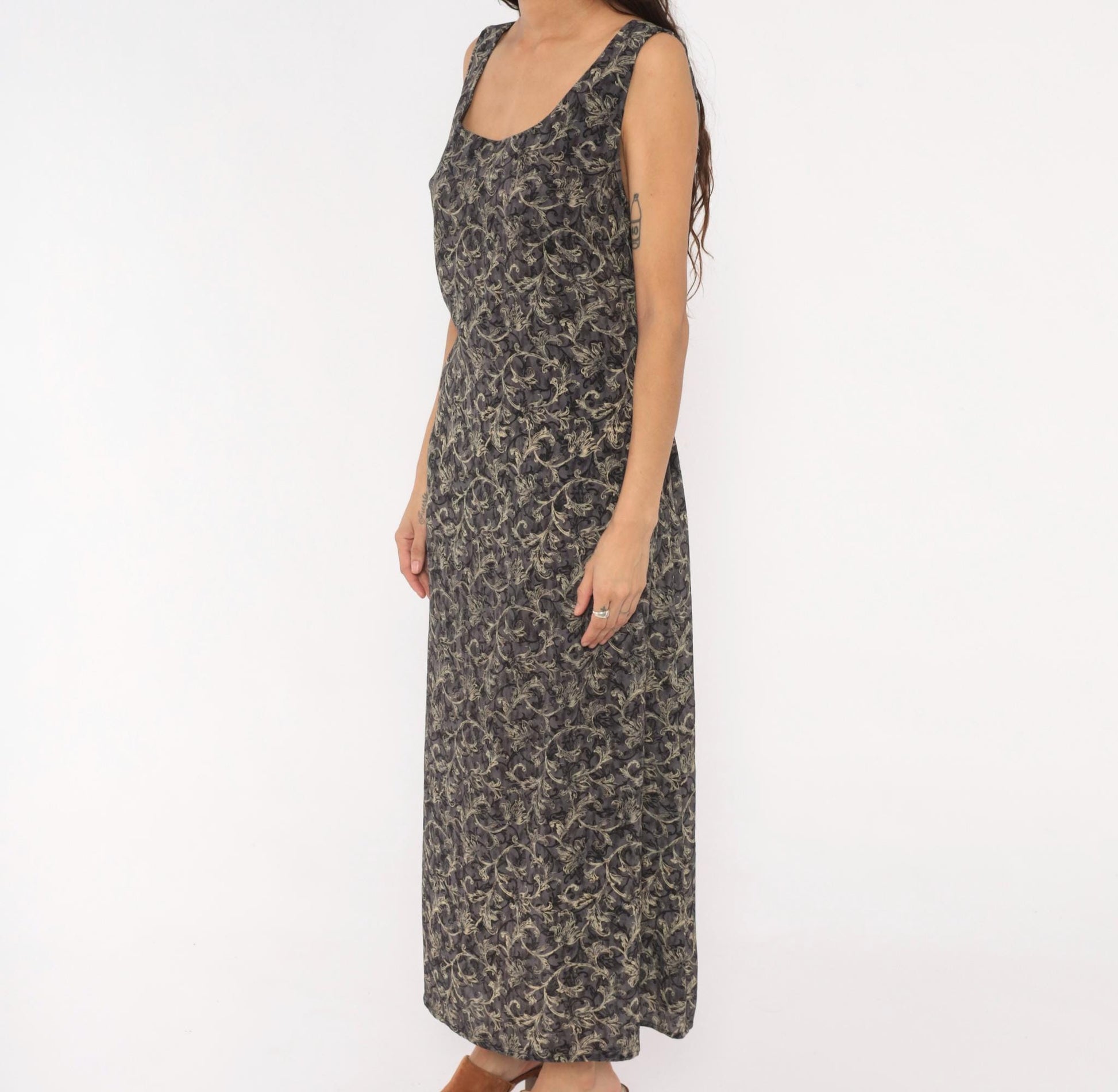 90s Worthington Baroque Maxi Dress Charcoal Floral Tank Tie Back Plus Size 1X
