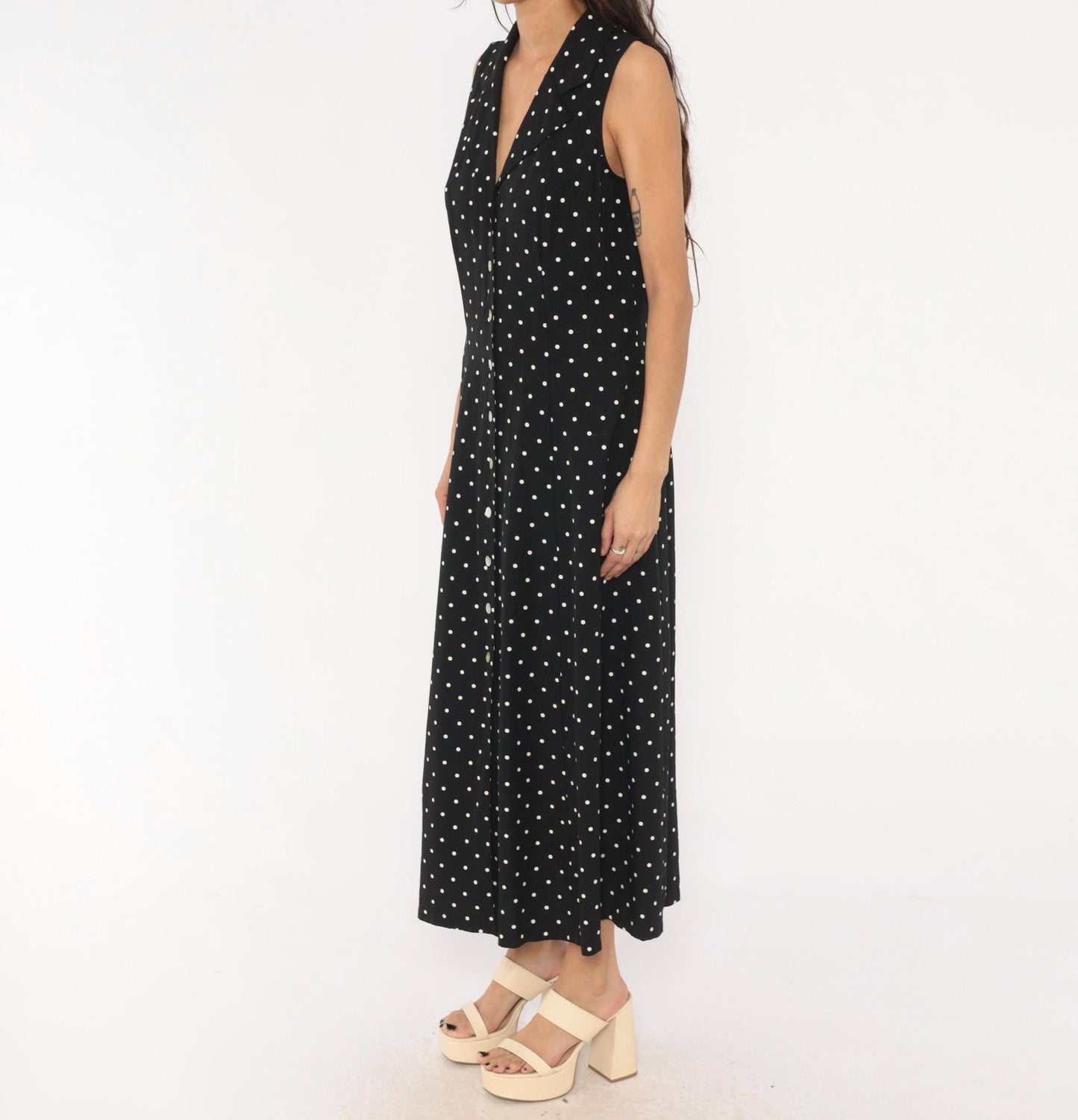 90s Dressbarn Black White Polka Dot Maxi Dress V Neck Button Front Large L