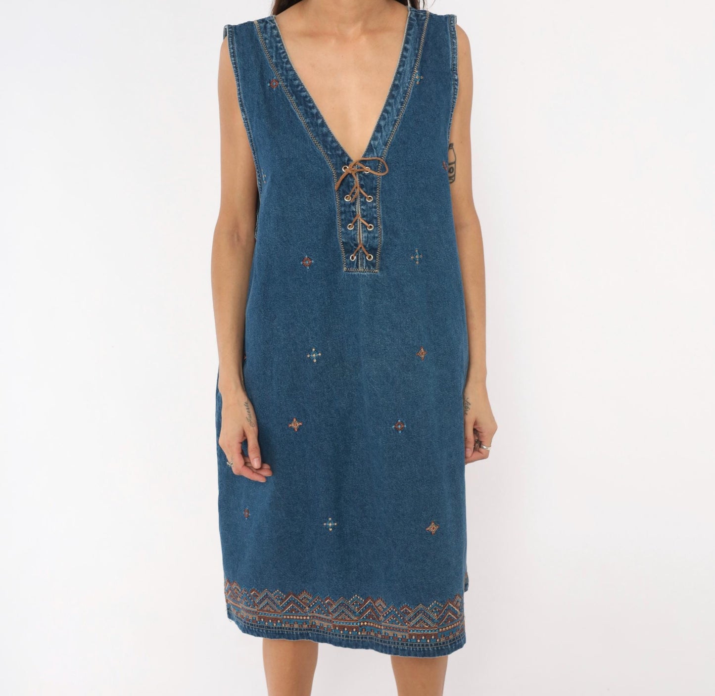 90s J.L. NY Southwestern Denim Dress Embroidered Lace-Up Navy Plus Size XXL