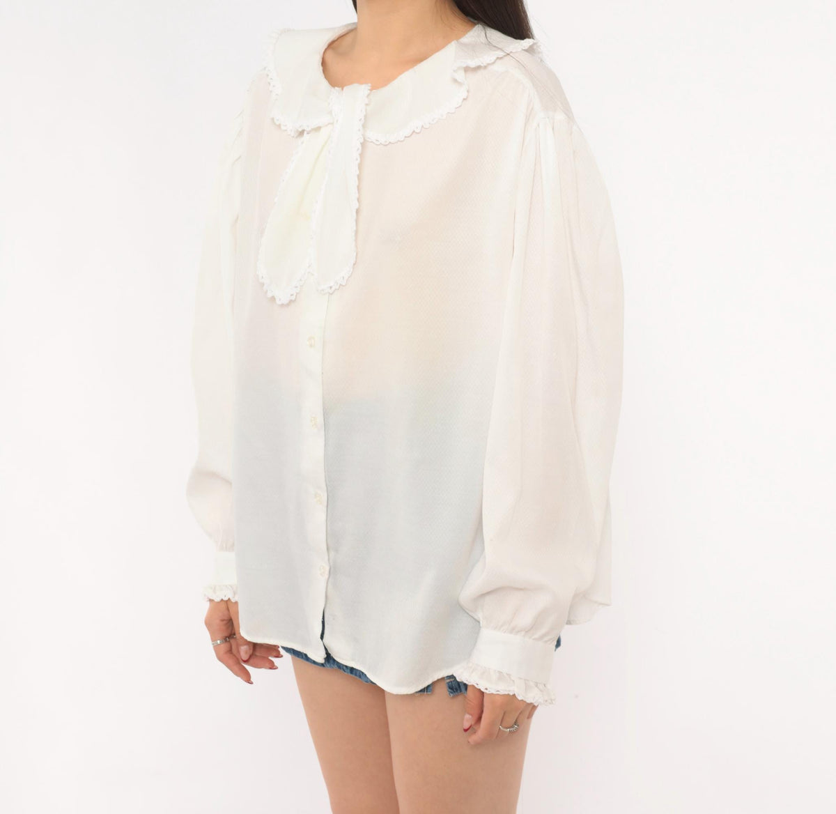70s Lady Oak Hill White Bow Collar Blouse Puff Sleeve Lace Trim Extra Large XL