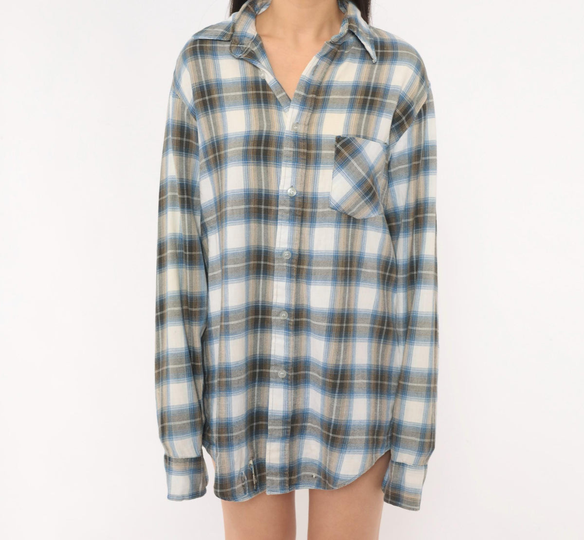 80s Sears Sportswear Plaid Flannel Shirt Blue White Cotton Button-Up Medium