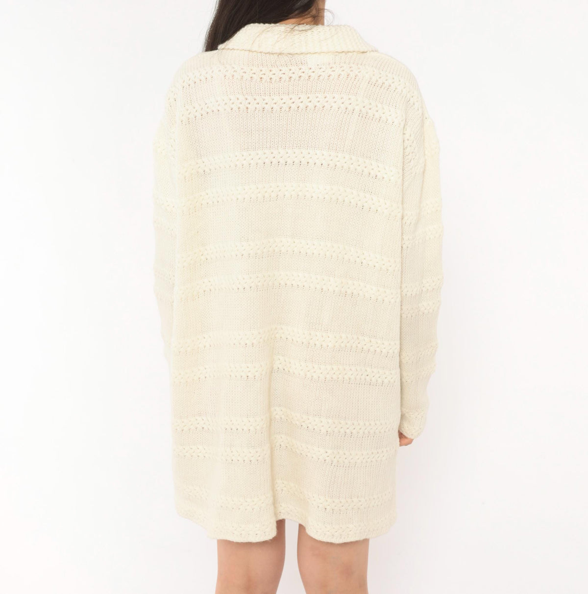 70s Cream Knit Cardigan Button Front Lacework Bands Long Sleeve Extra Large XL