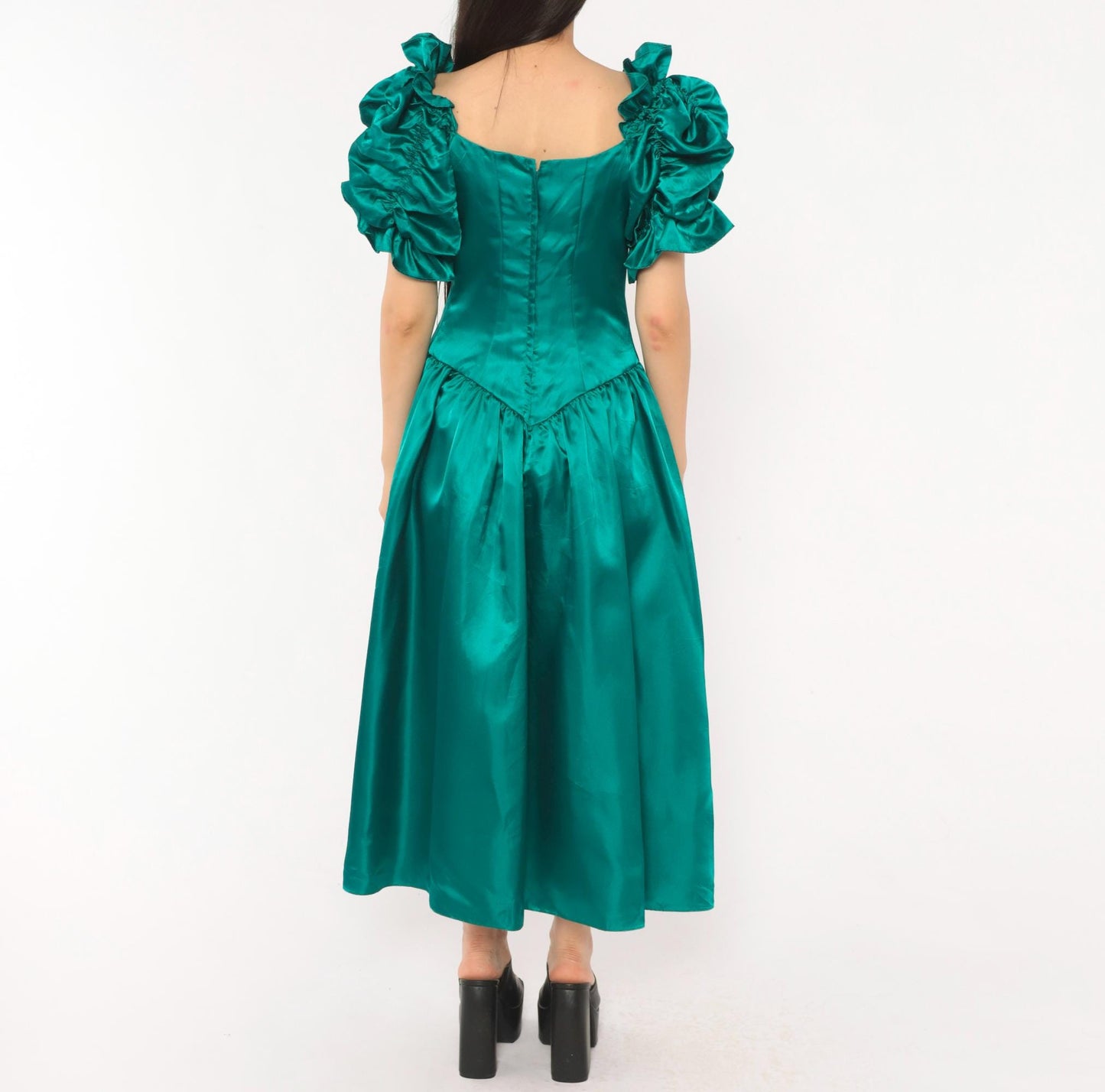 80s Teal Satin Gown Sweetheart Neckline Puff Sleeve Drop Waist Small