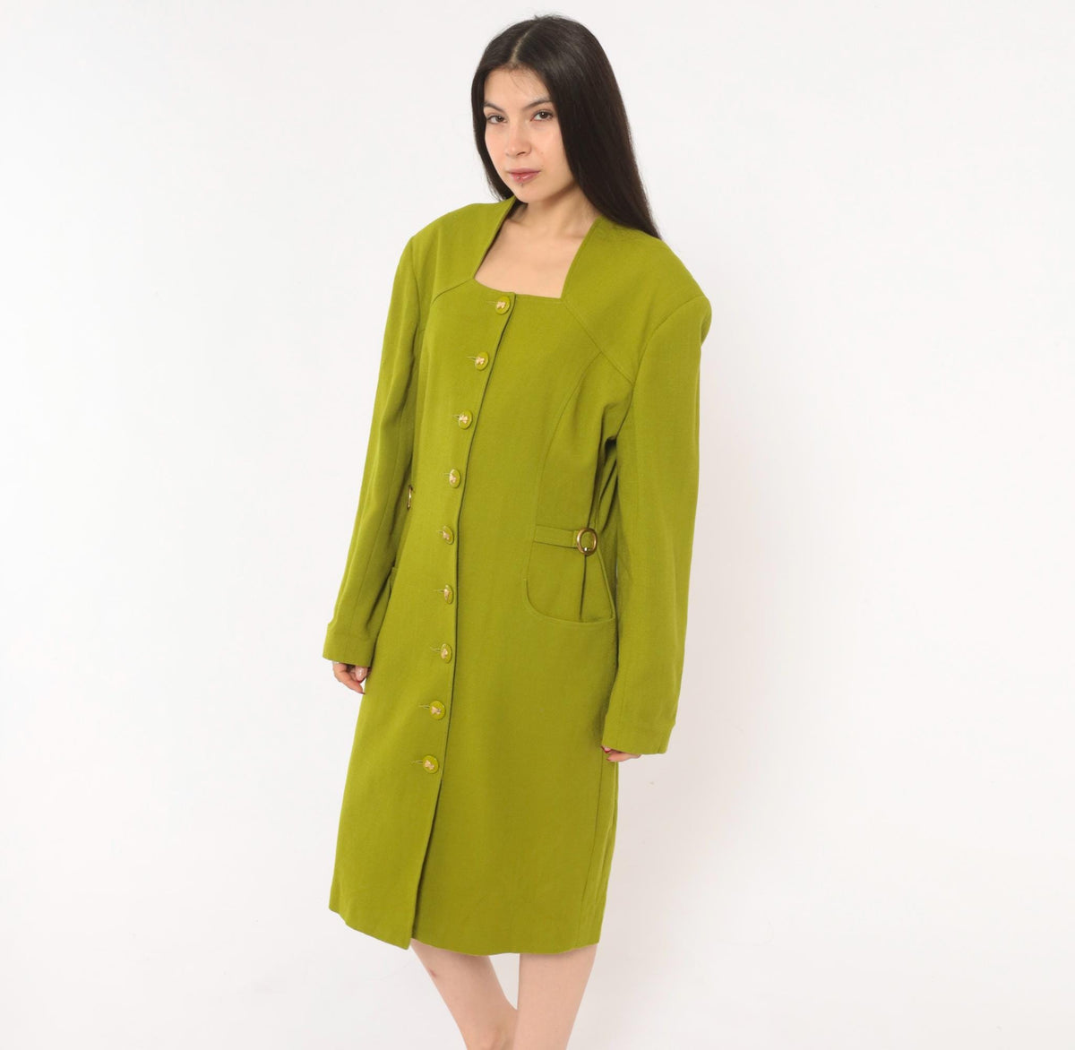 80s Lauren Taylor Wool Coat Dress Olive Green Gold Buttons Power Dressing Large L