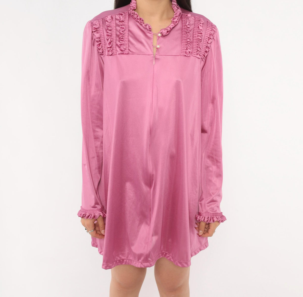 80s Vanity Fair Mauve Romper Ruffled Yoke Pearl Button Loungewear Large L