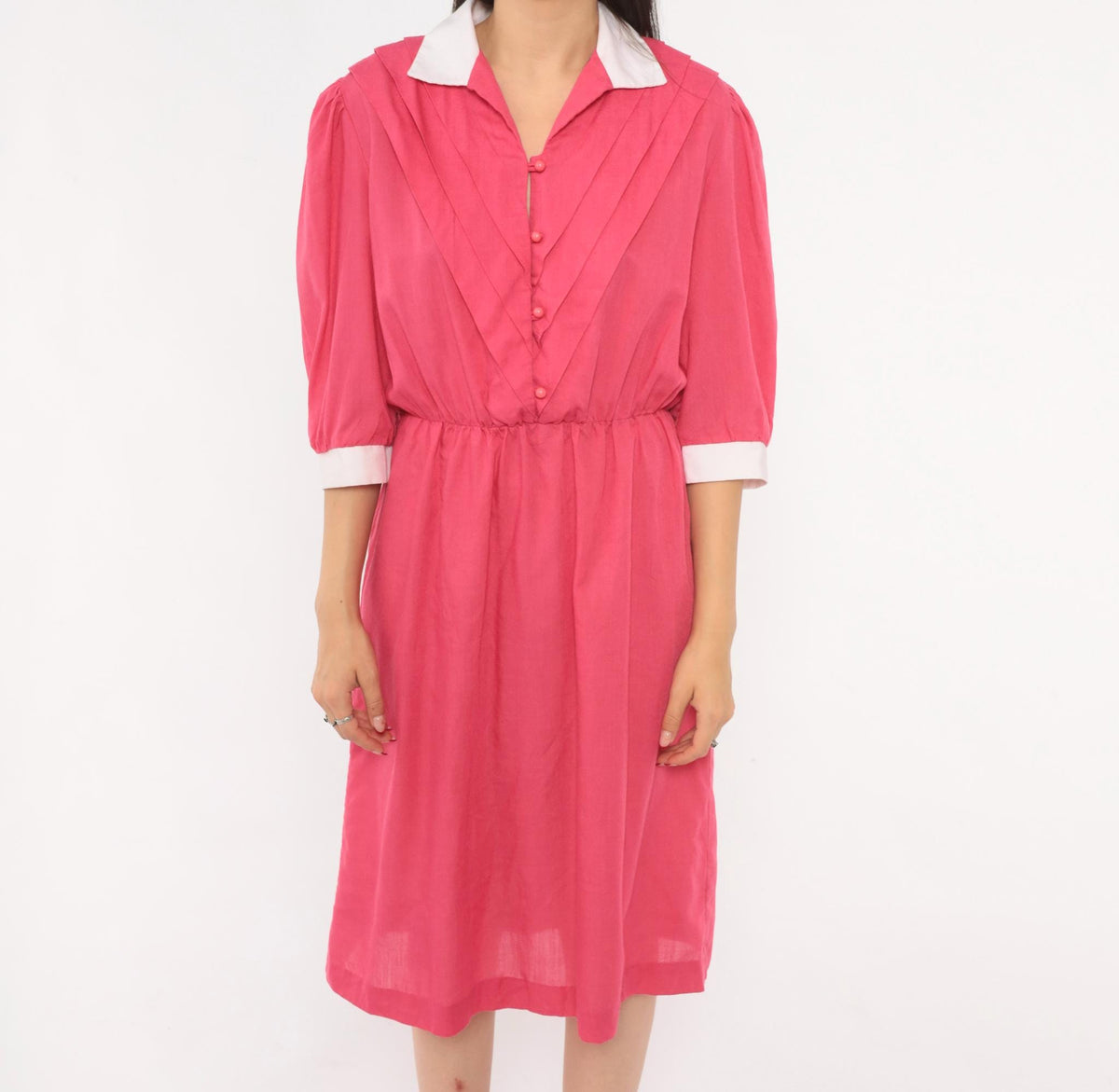 80s Fuchsia Puff Sleeve Shirtdress White Collar Pleated Bodice Pink Buttons Small Medium