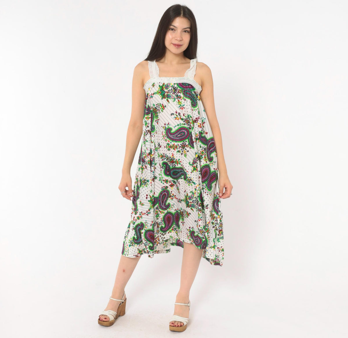 70s Paisley Floral Sundress White Green Purple Eyelet Lace Midi Extra Small