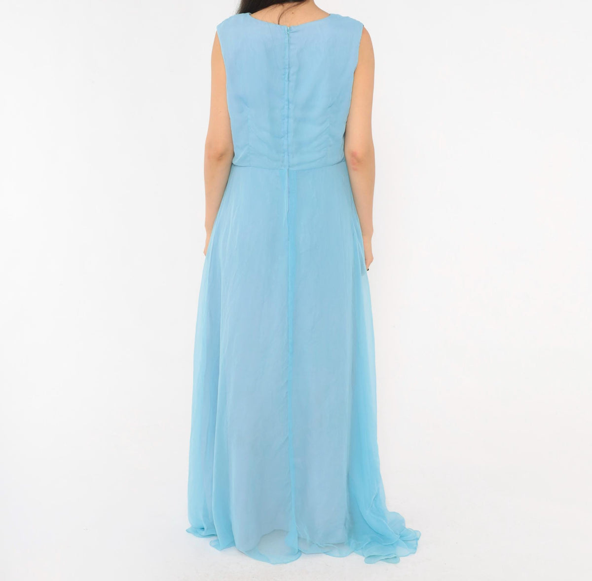 70s Elgin Dress Sky Blue Empire Waist Maxi Gown Beaded V Neck Large L