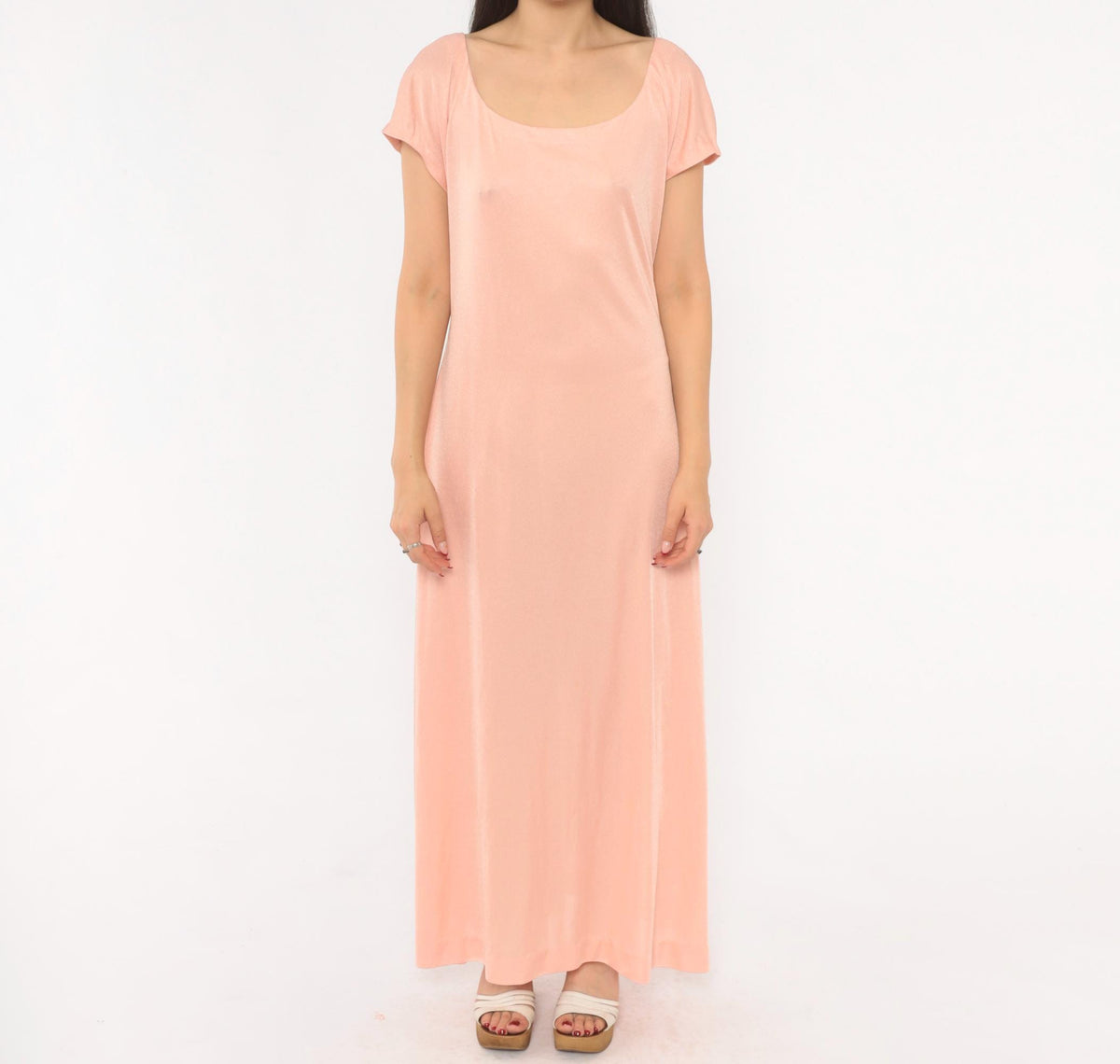 70s Blush Pink Maxi Dress Cap Sleeve Scoop Neck A-Line Large