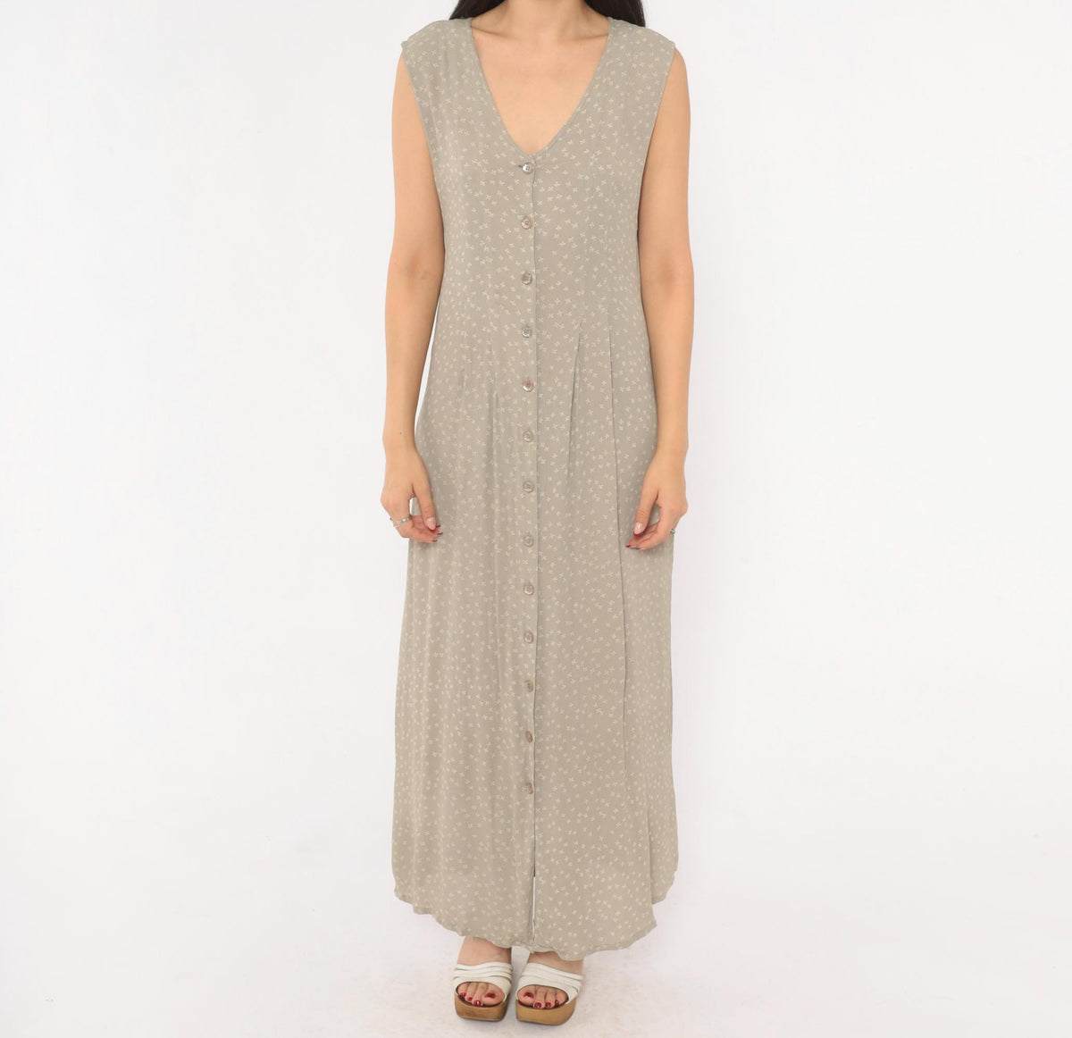 90s Bryn Connelly Ditsy Floral Maxi Dress Grey Cream Button Front Large L
